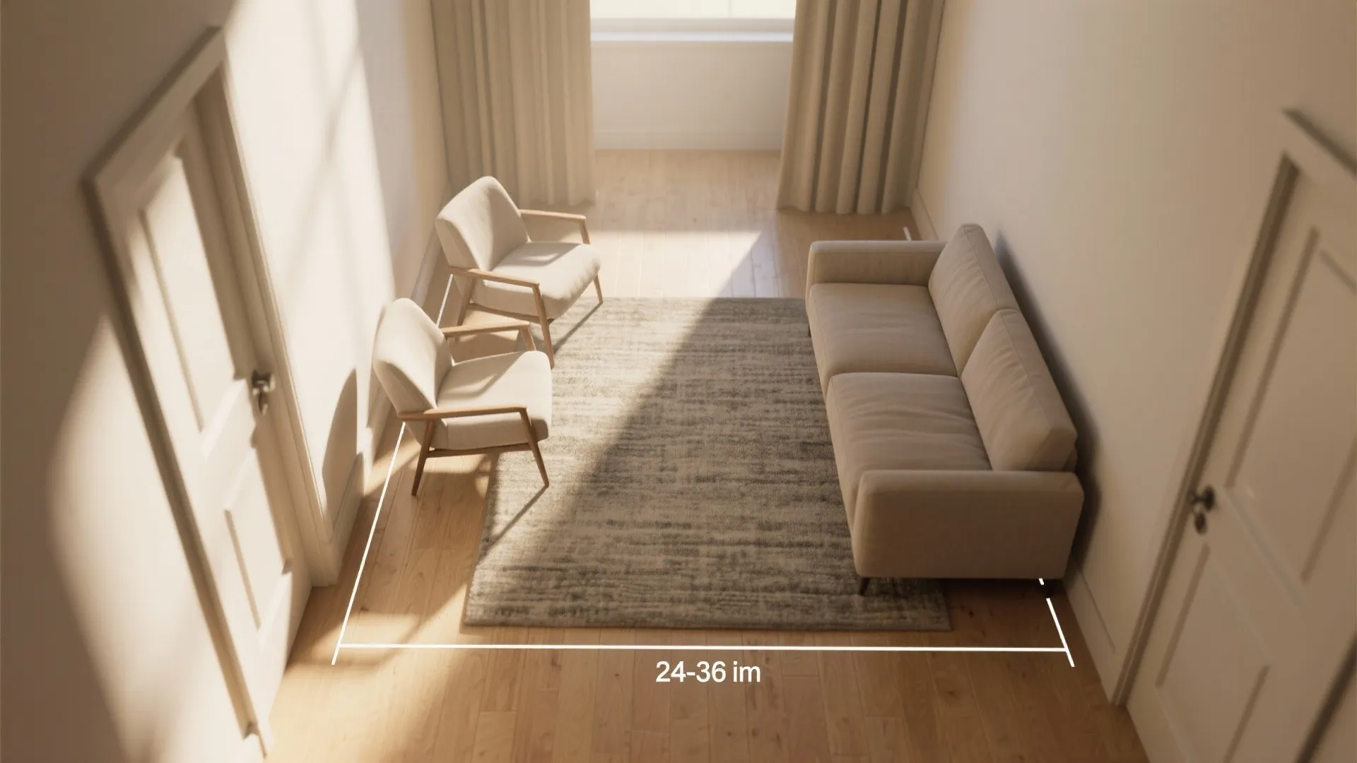 Interior design drawing showing top down room layout with sofa and measured walkway distance markers
