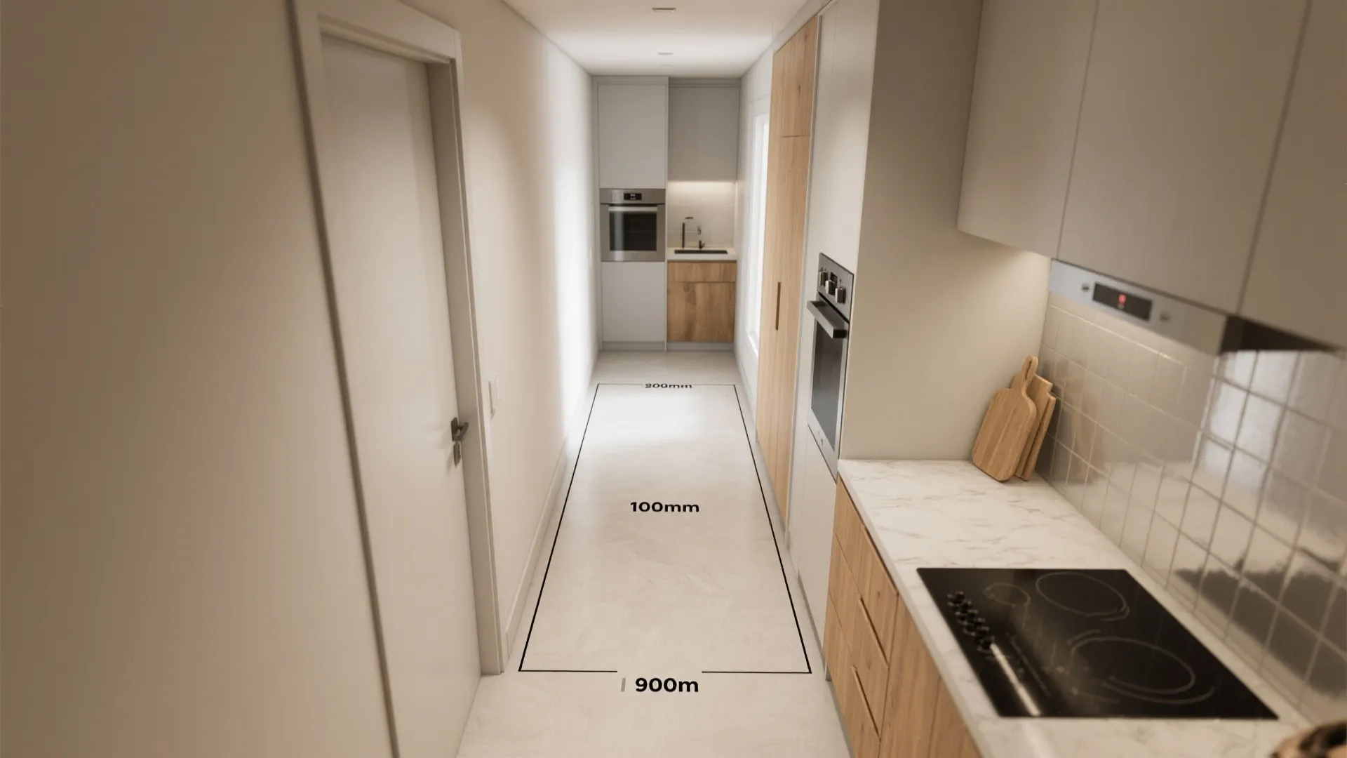 Narrow kitchen hallway interior design drawing with wood cabinets and floor dimension measurements for planning