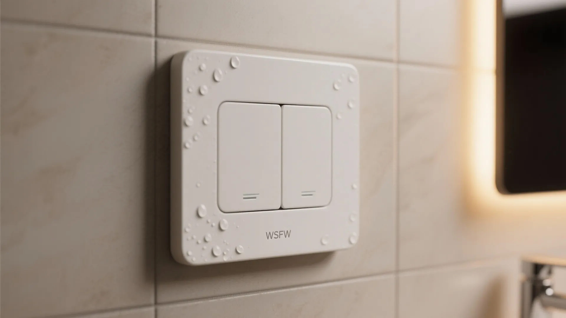 Modern white waterproof double wall light switch with water droplets on a beige tiled wall