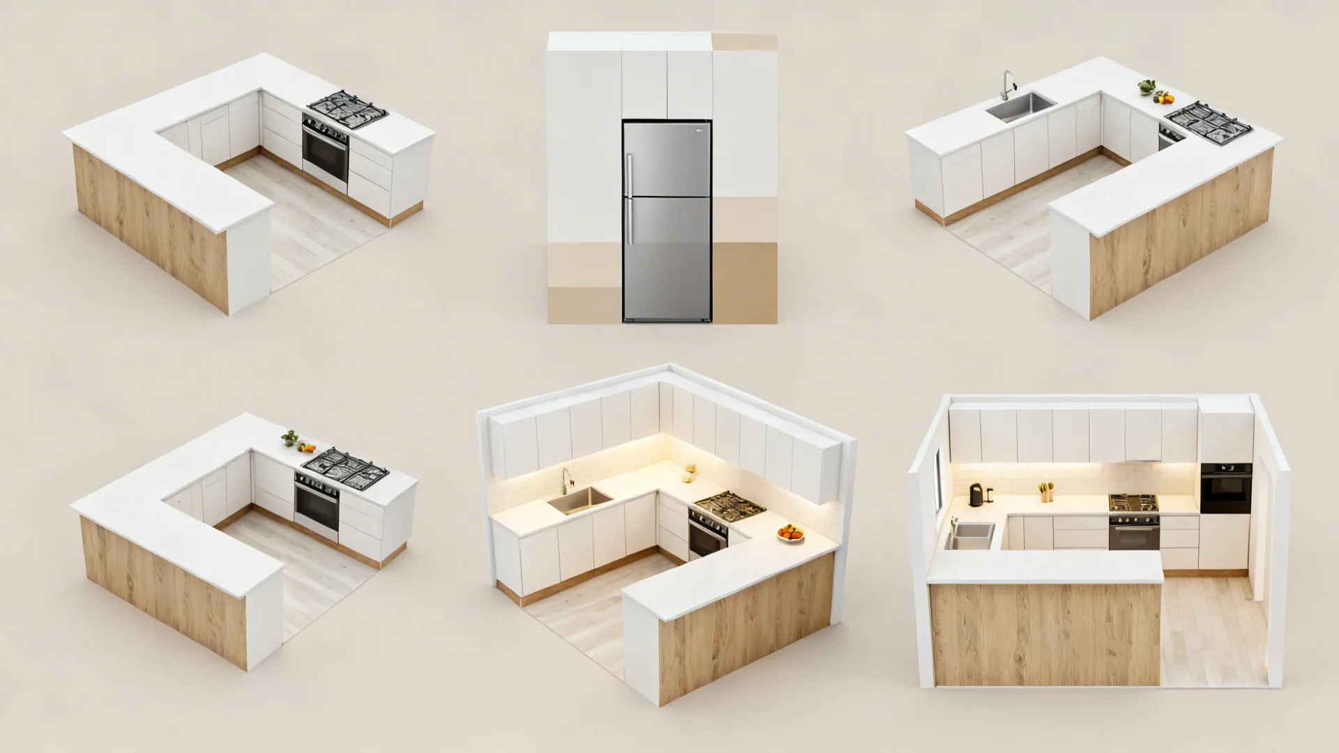 Top-down visuals of L-shaped, galley, and U-shaped layouts with highlighted fridge zones.