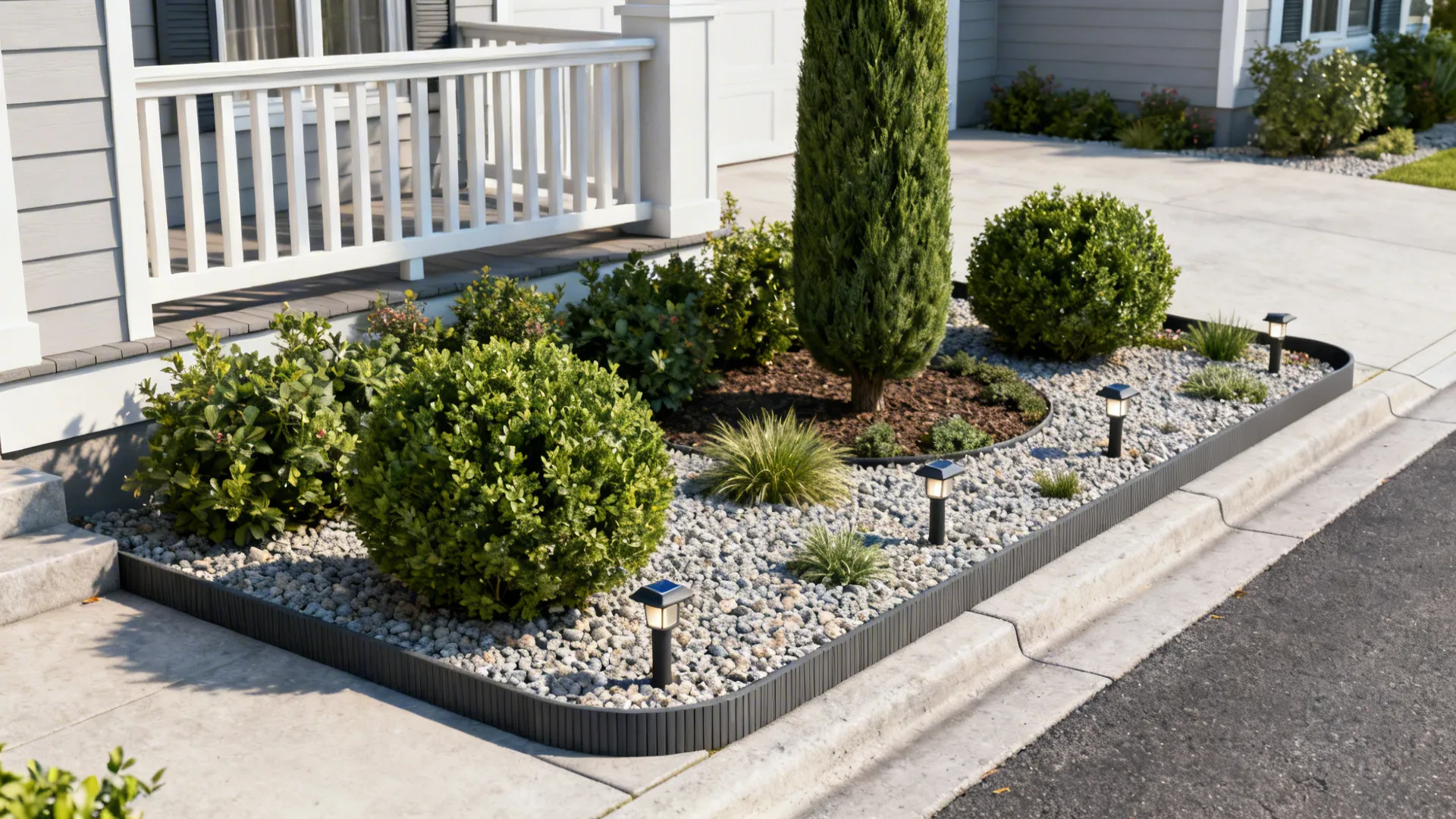 Front-yard examples showing compact shrubs, gravel, solar lights and curb-appeal elements.