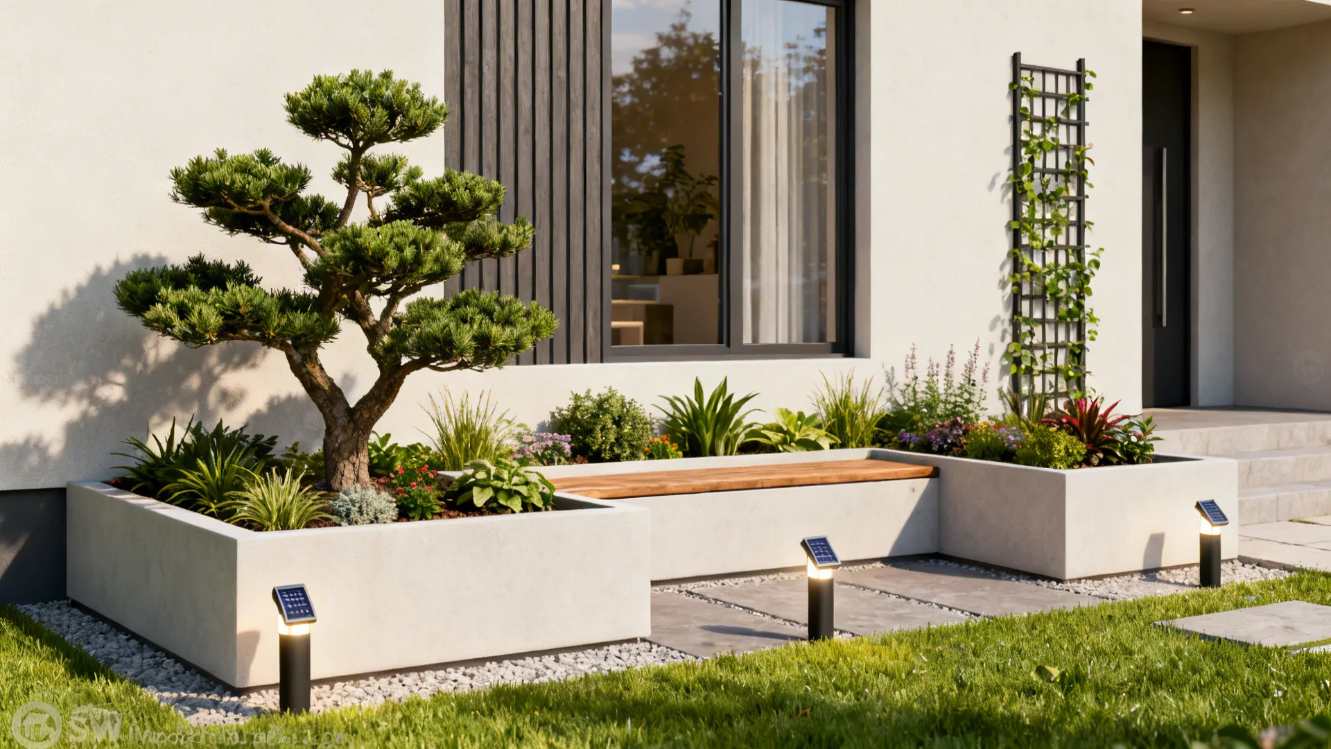 Composite small front yard showing dwarf tree, raised beds as seating, solar lights and vertical trellis