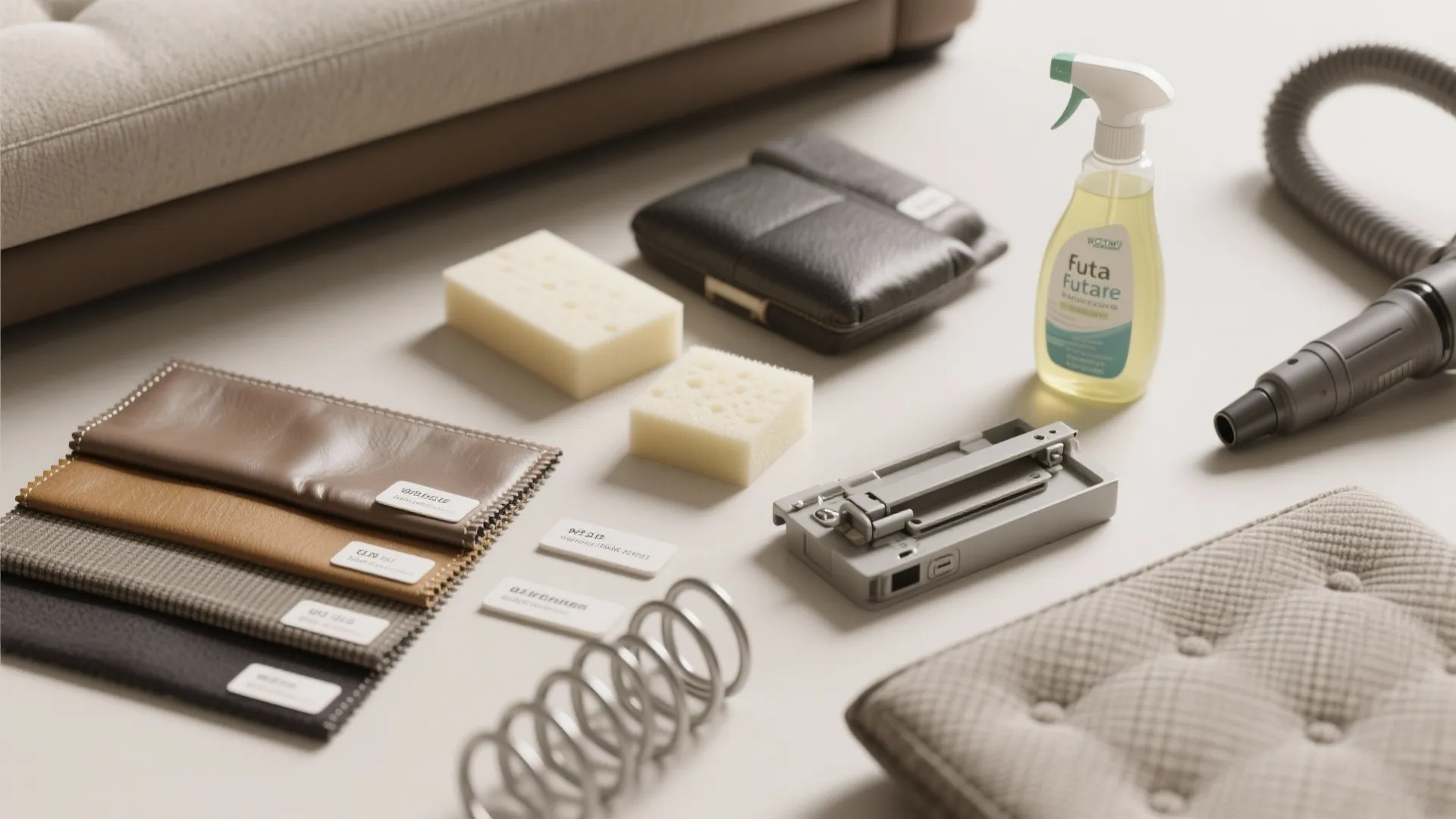 Cleaning tools including spray bottle sponges fabric samples and vacuum parts on a light surface