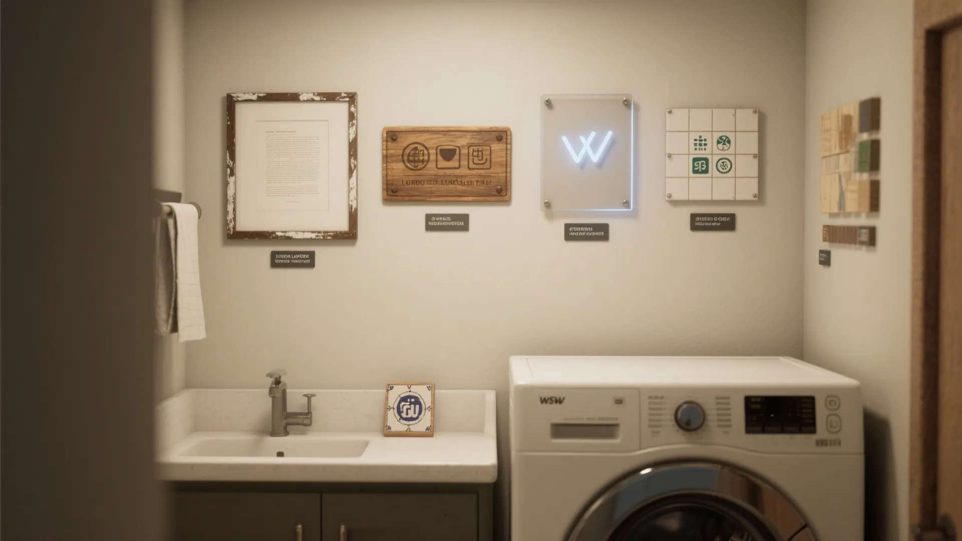 Laundry wall gallery showing minimalist, vintage, icon, backlit, and handcrafted tile sign examples.