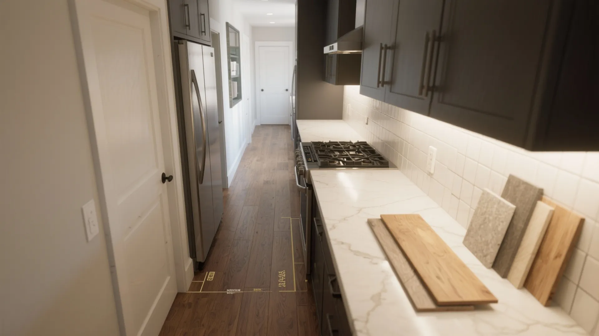 Modern galley kitchen with dark cabinets white marble countertops wooden floors and stainless steel fridge appliance