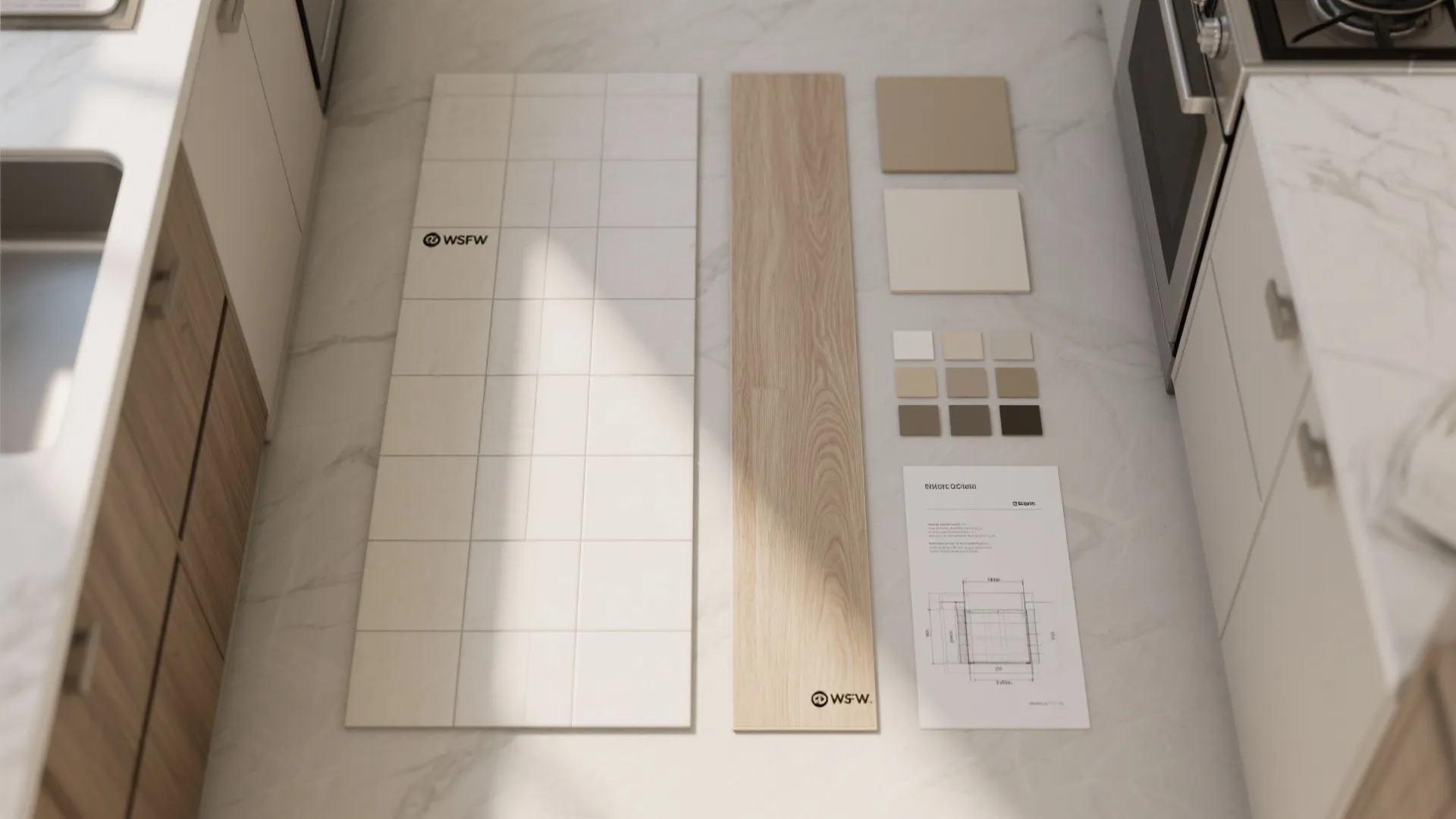 Kitchen material board with white tiles wooden flooring color swatches and interior design drawing plans