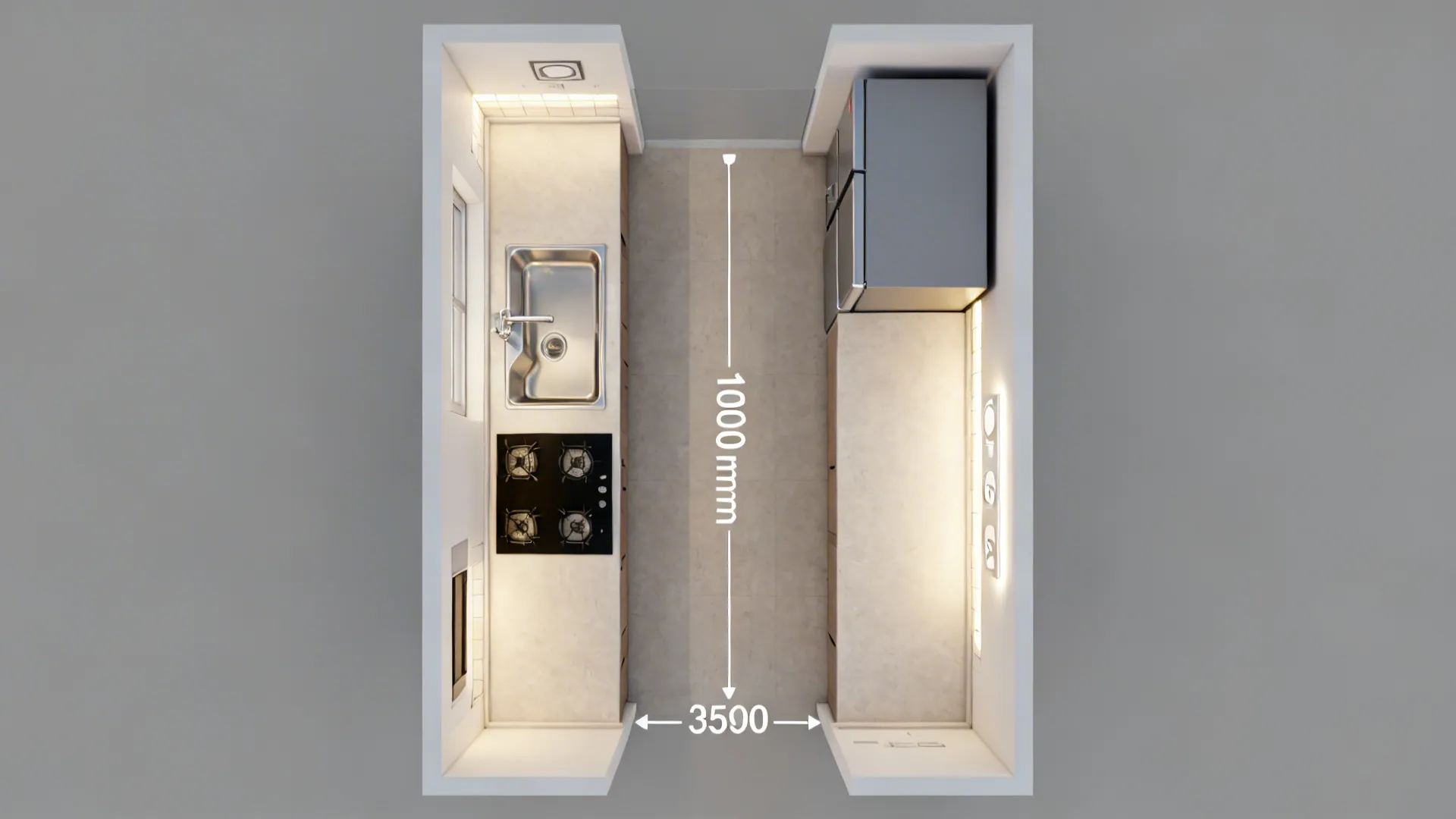 Top-down schematic of a parallel kitchen with aisle width, zoning, and lighting cues.
