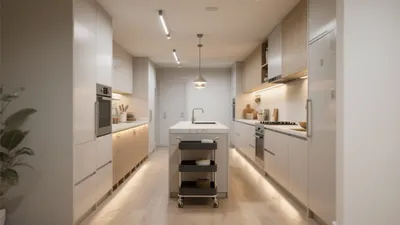 Modern Galley Kitchen with Central Island & Warm Lighting