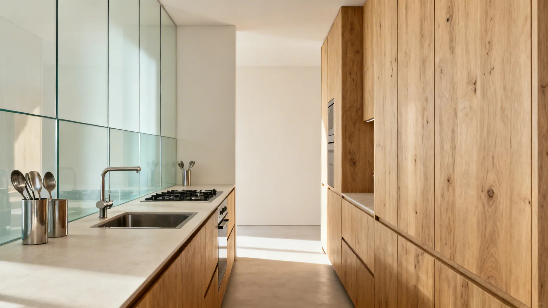 Small galley kitchen with two runs and a clear 90–105 cm aisle, sink and cooktop aligned.