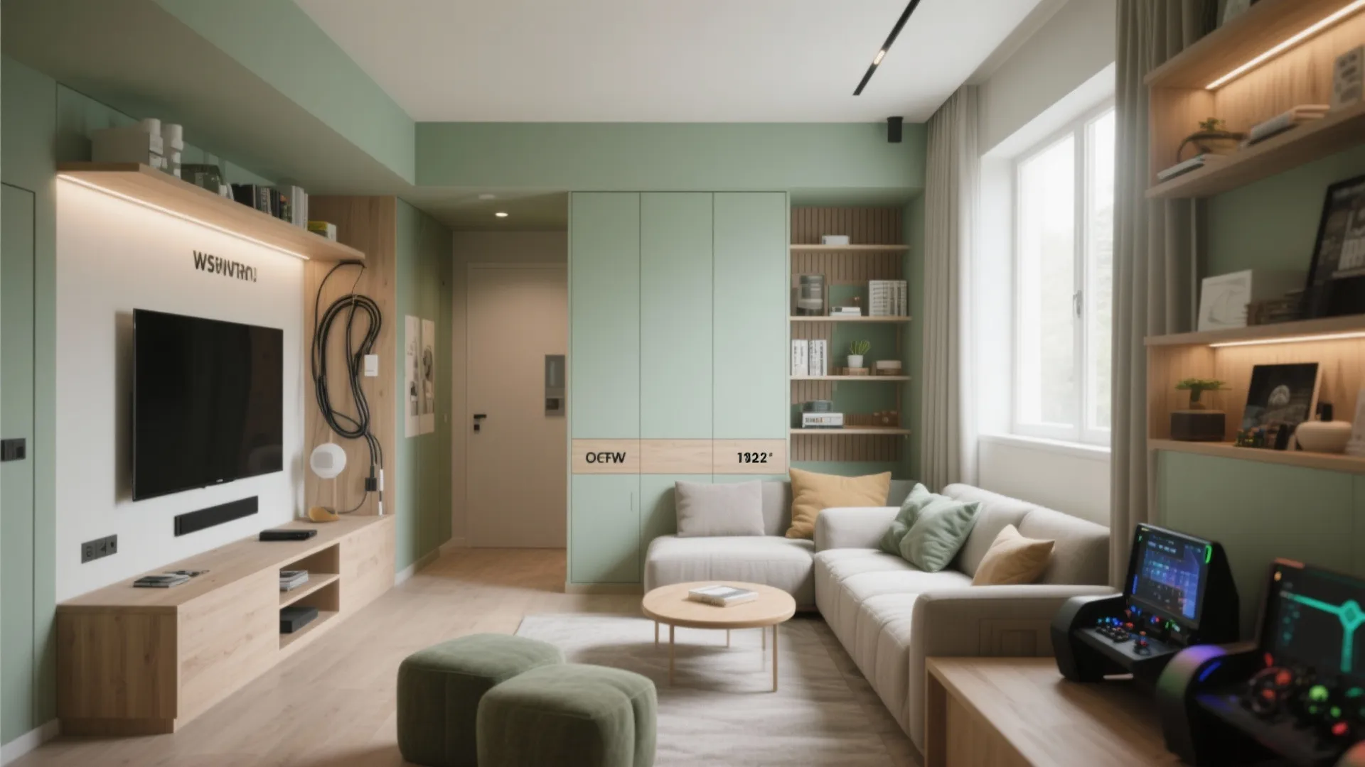 Overview of a compact multifunctional living and game room showing circulation, storage, cable management and acoustic treatments