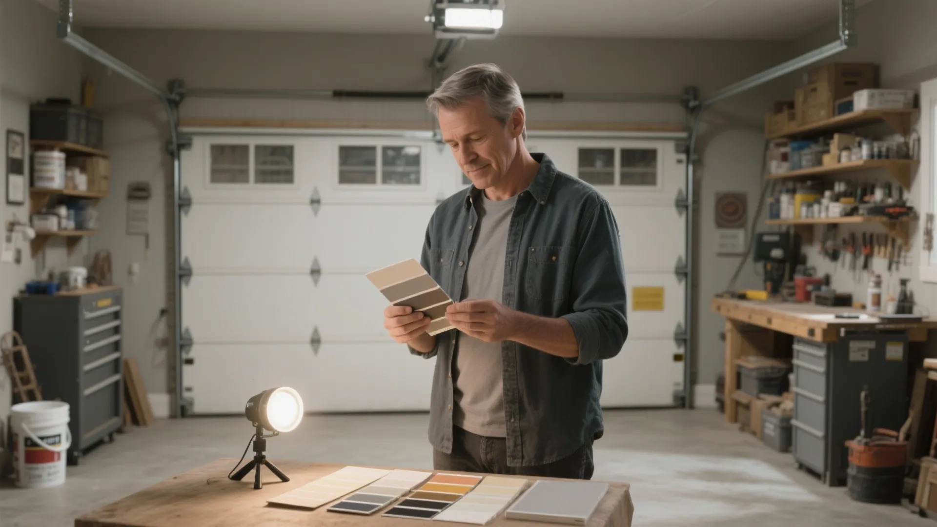 Man standing in a garage looking at color cards with a small desk light fixture