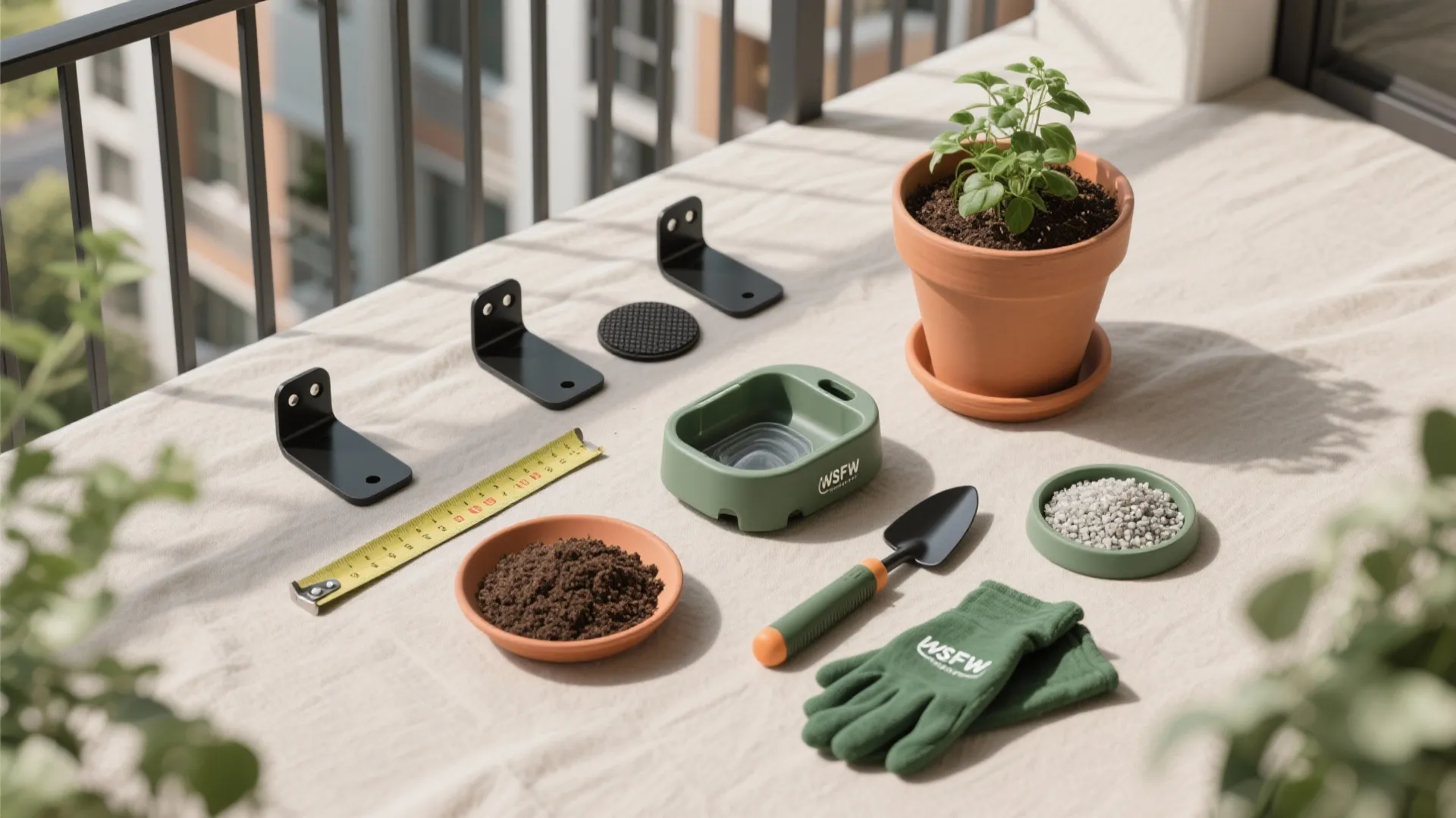 Gardening tools set with green gloves small shovel measuring tape and plant in a clay pot