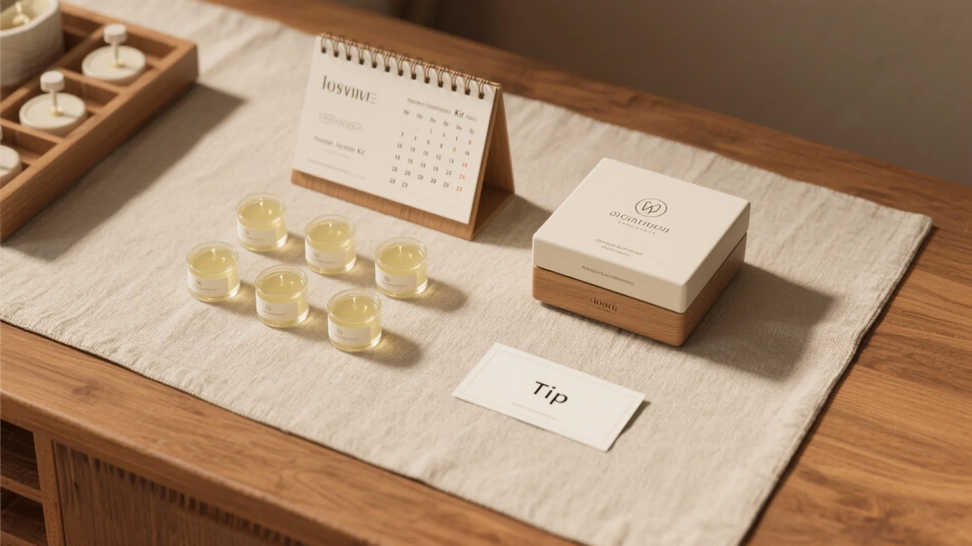 Table display with small candles a paper calendar a white box and a tip card