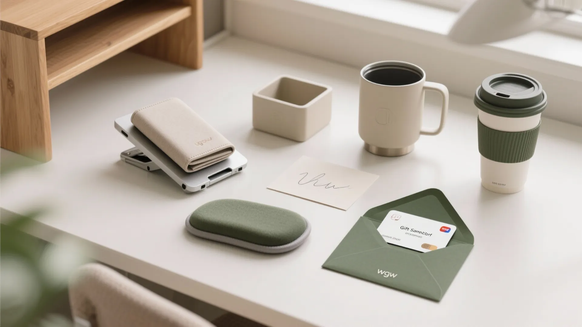 Minimalist white desk with beige wallet, green gift envelope, coffee mug, and small office organizers