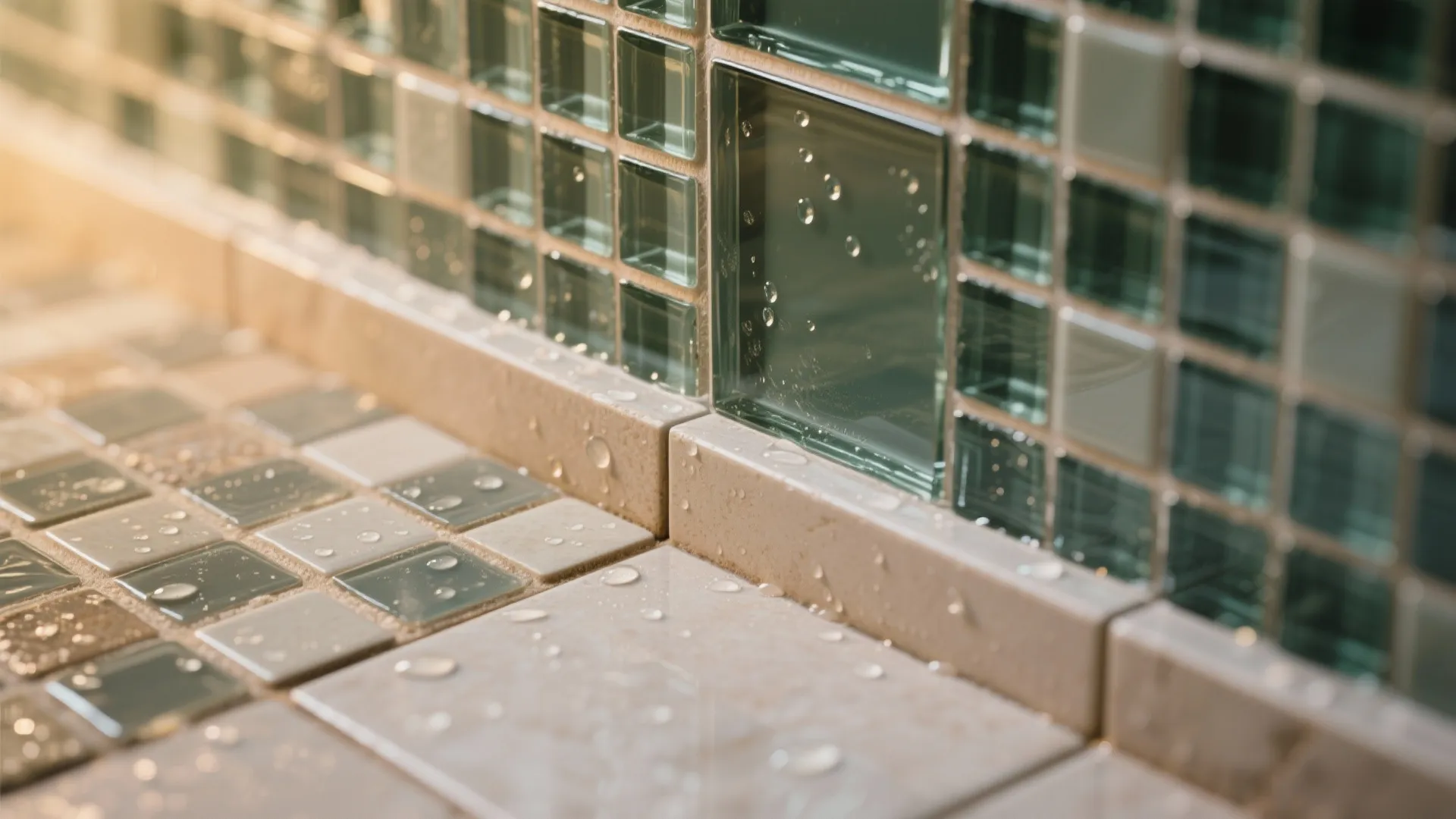 Macro of glossy glass wall tile meeting matte mosaic floor with clean grout and trim transition.