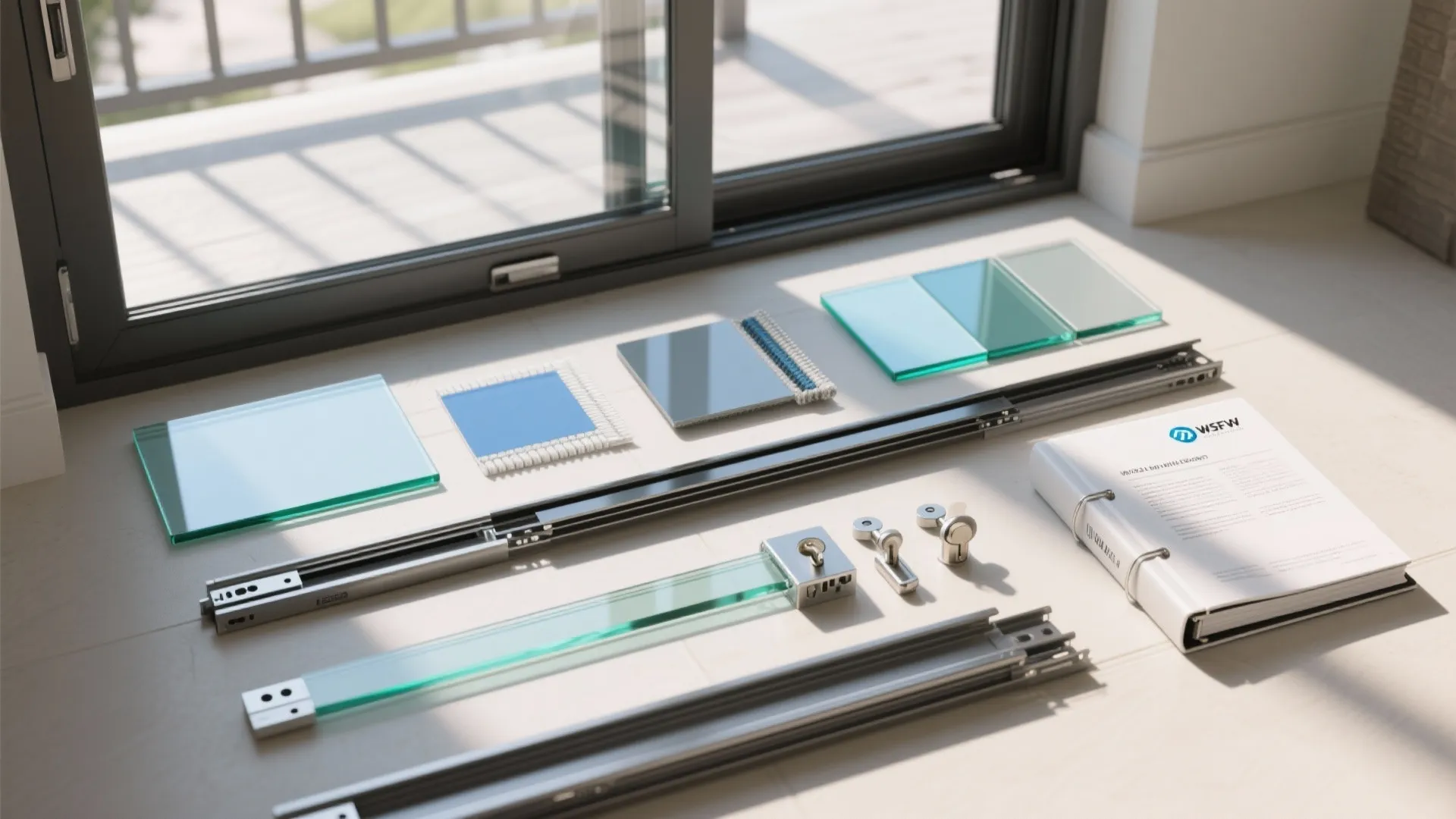 Various glass door hardware parts and glass samples arranged on floor near a large window
