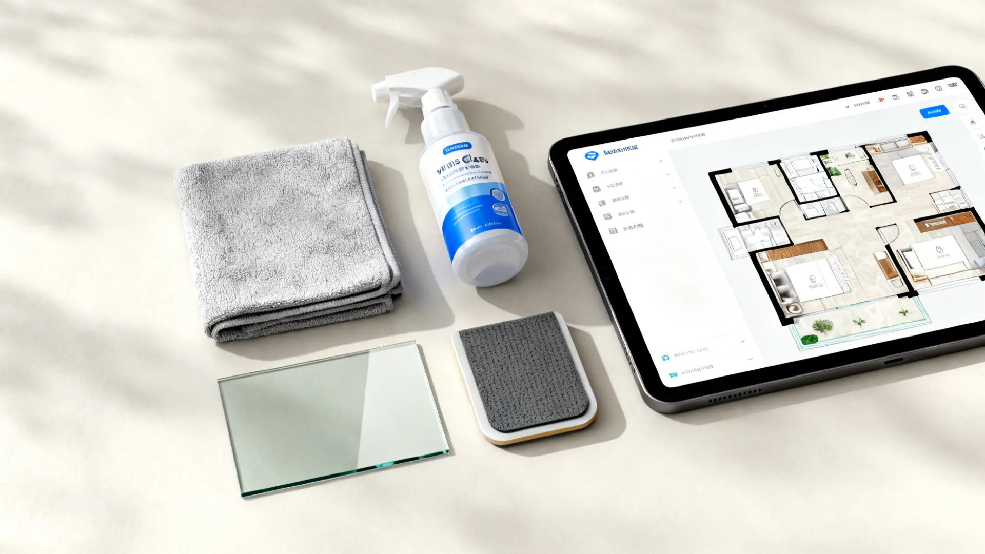 Flatlay showing glass cleaning supplies, tempered glass sample, floor protector, and a room planner tablet.