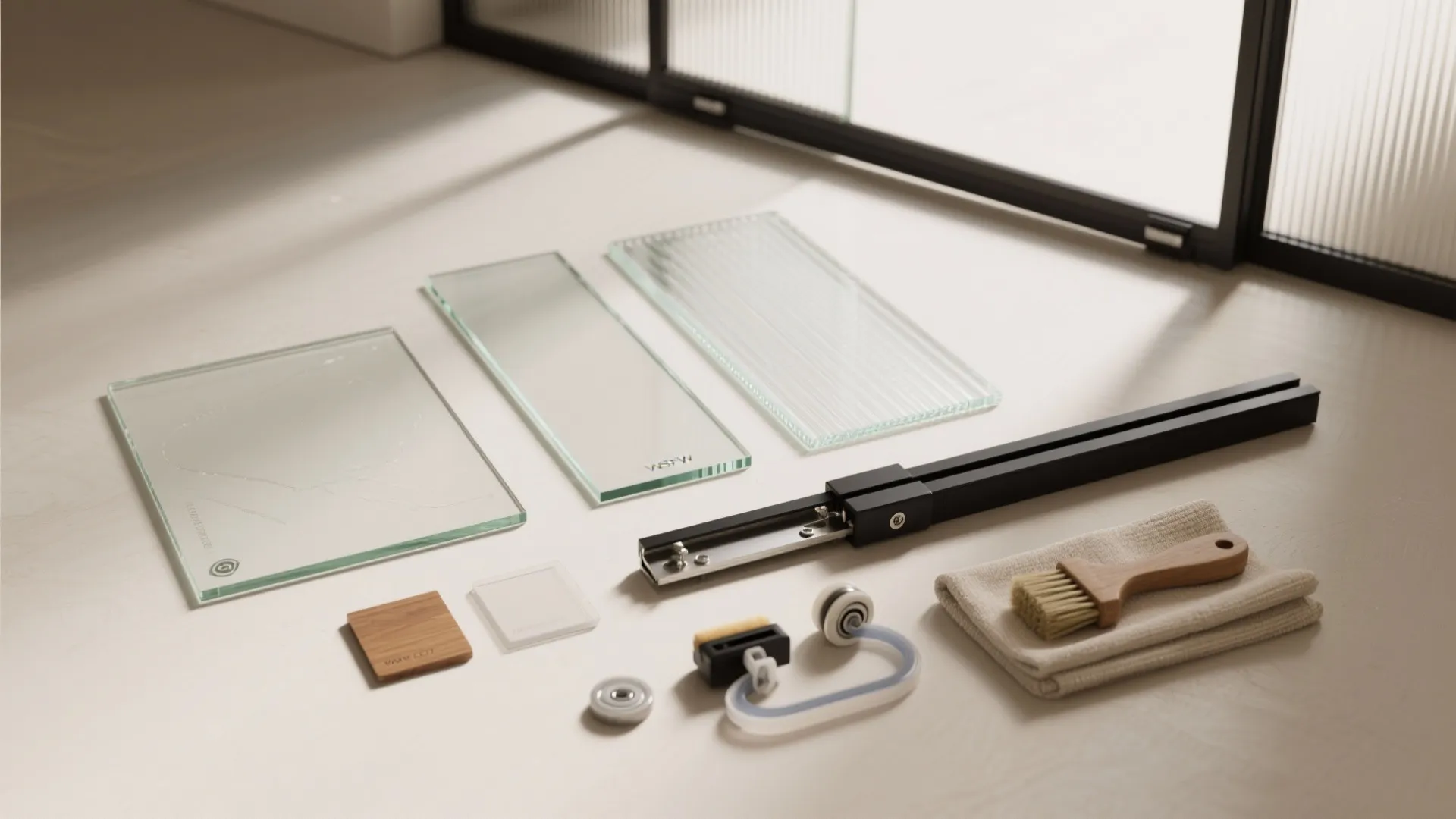 Glass door installation kit including three glass panels black metal rail brush and small hardware tools