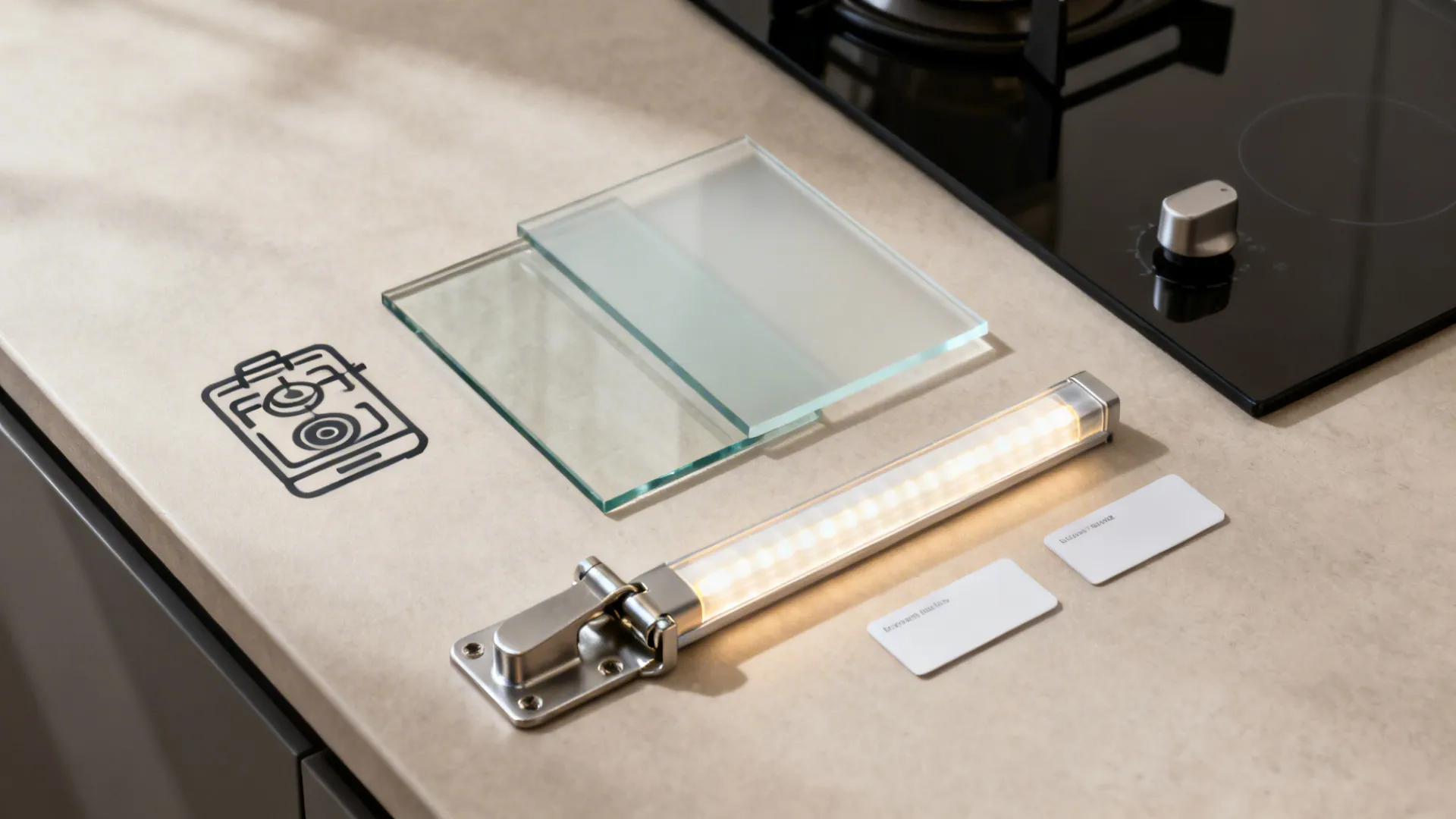 Top-down layout with tempered glass, clear and frosted swatches, LEDs, and hinges for a small kitchen.