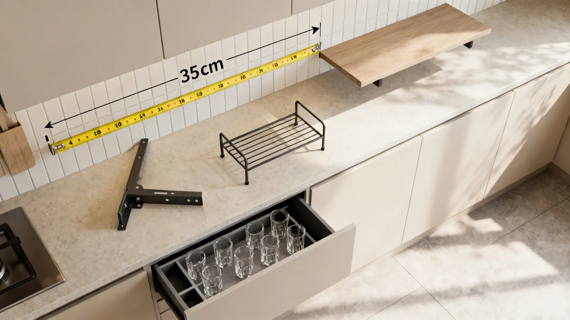 Kitchen countertop showing a yellow tape measure against white wall tiles beside various storage organizer tools