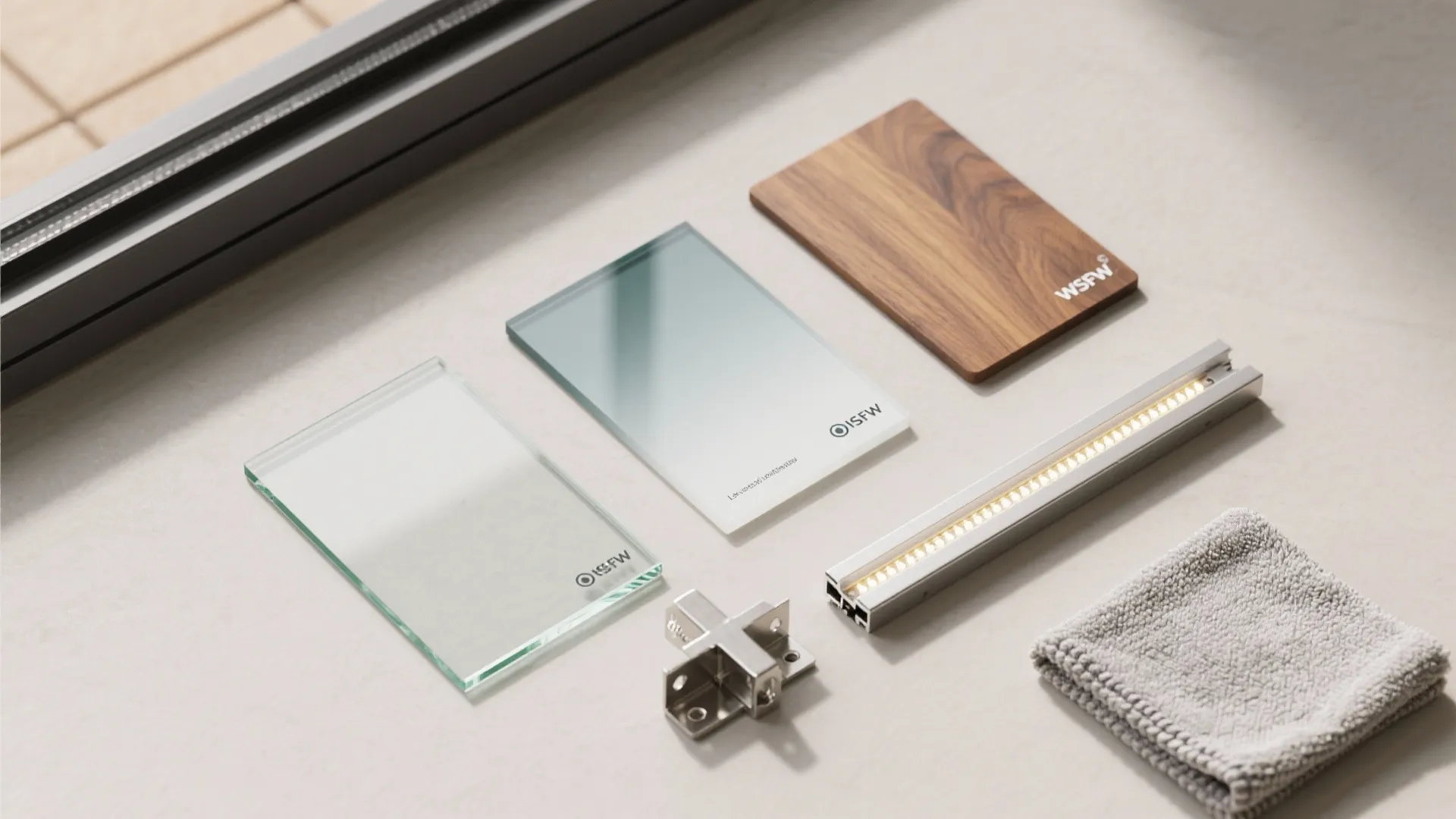Interior design material samples showing glass panels wood piece and a small metal light fixture