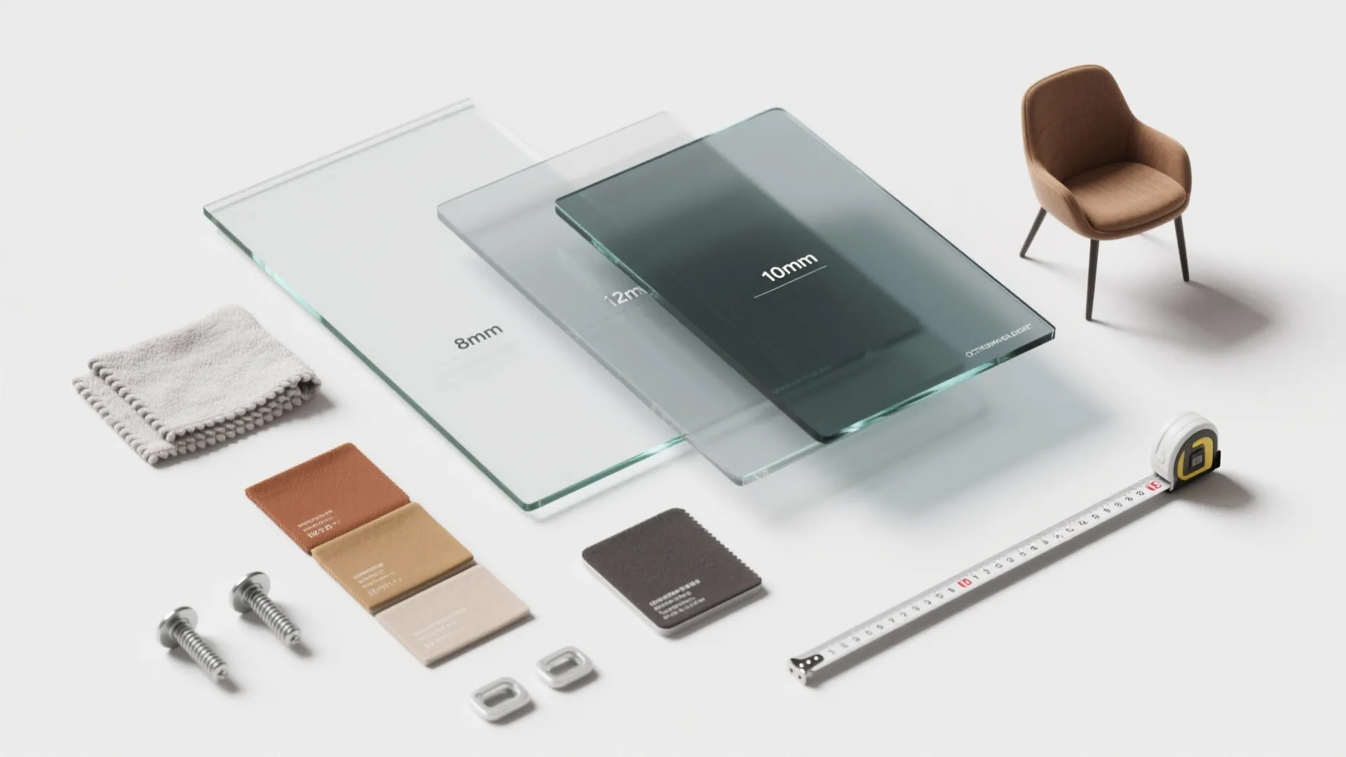 Glass table top thickness samples with measuring tape and small furniture model on a white background
