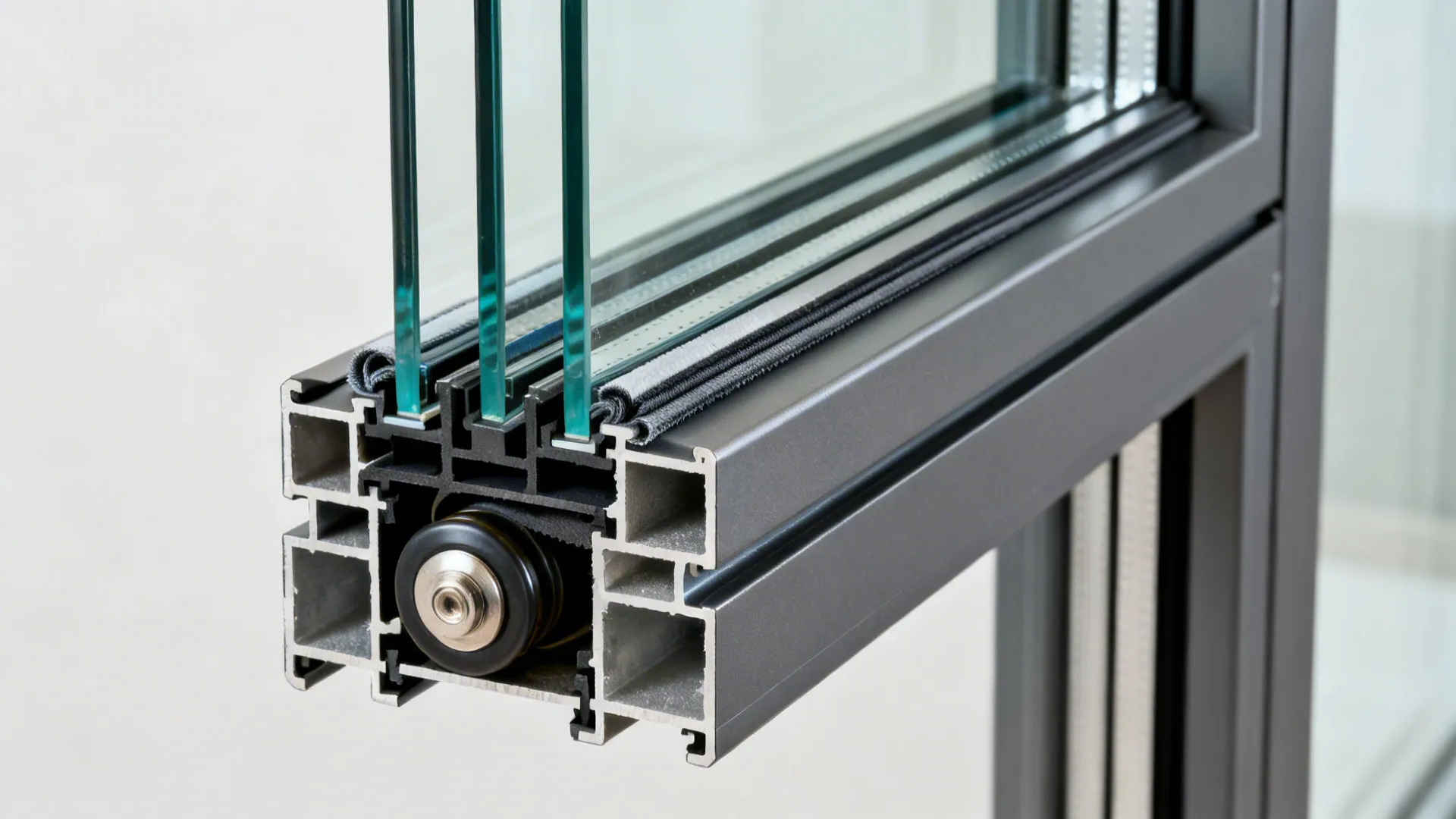 Triple glass window frame profile showing internal roller parts and durable grey metal material design