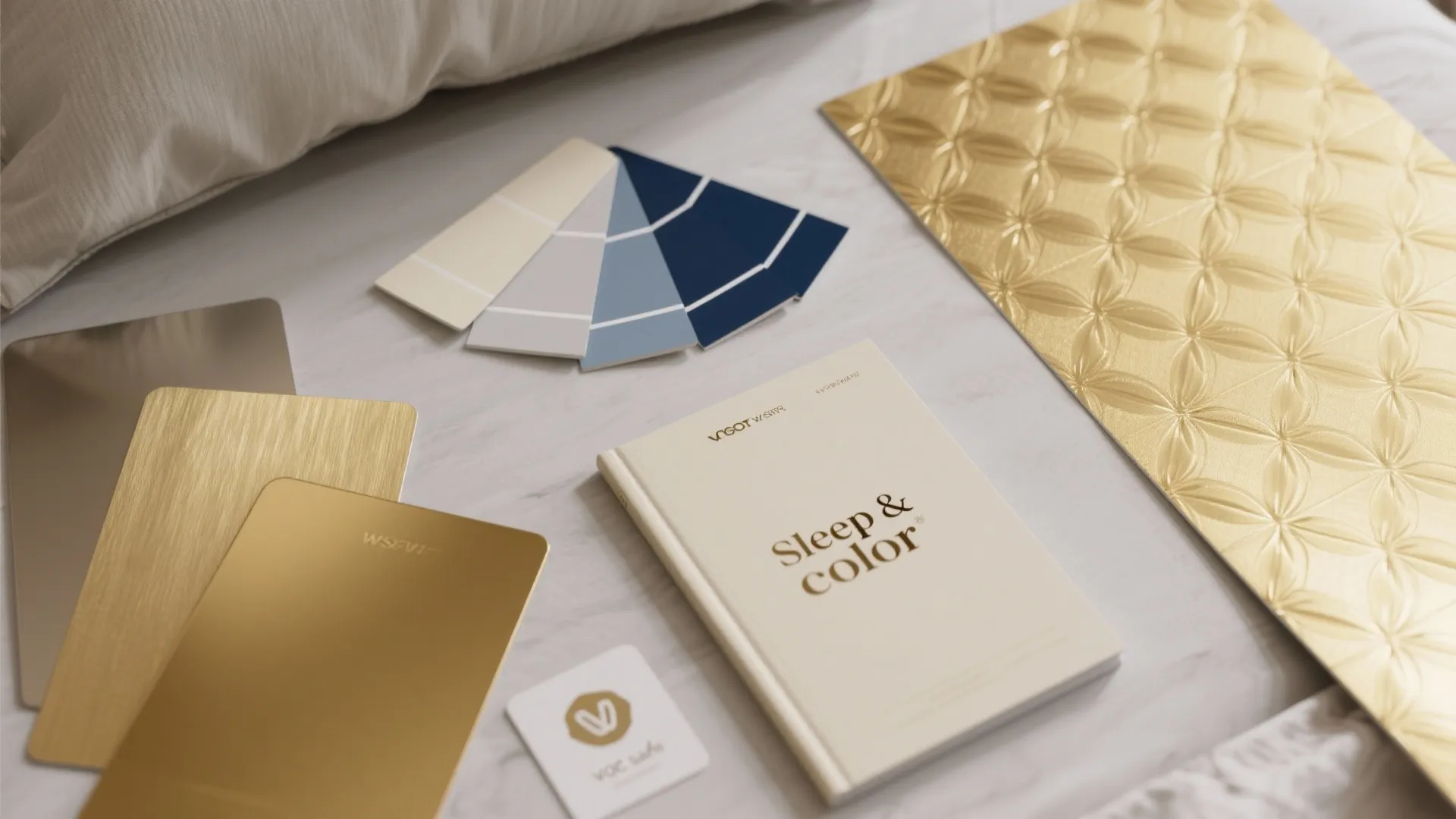 Interior design mood board with gold metal samples blue color cards and a white book