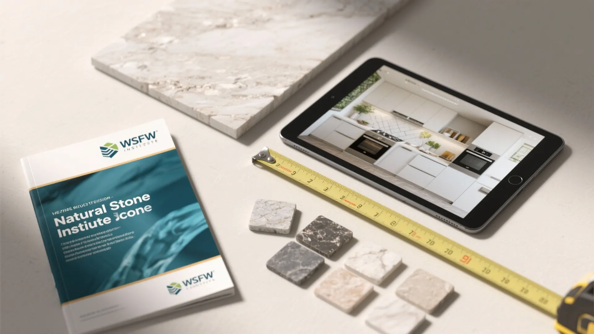 Table with stone samples, book, measuring tape, and tablet displaying a modern white kitchen design
