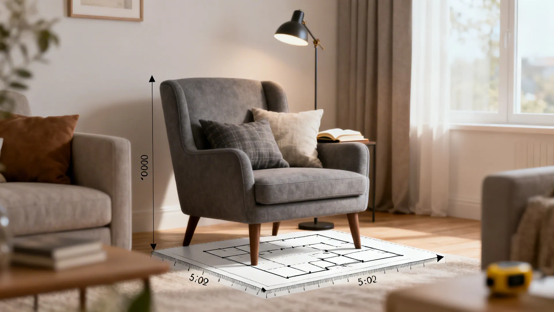 Gray accent chair with throw pillows and a lamp illustrating scale and clearance in a small living room