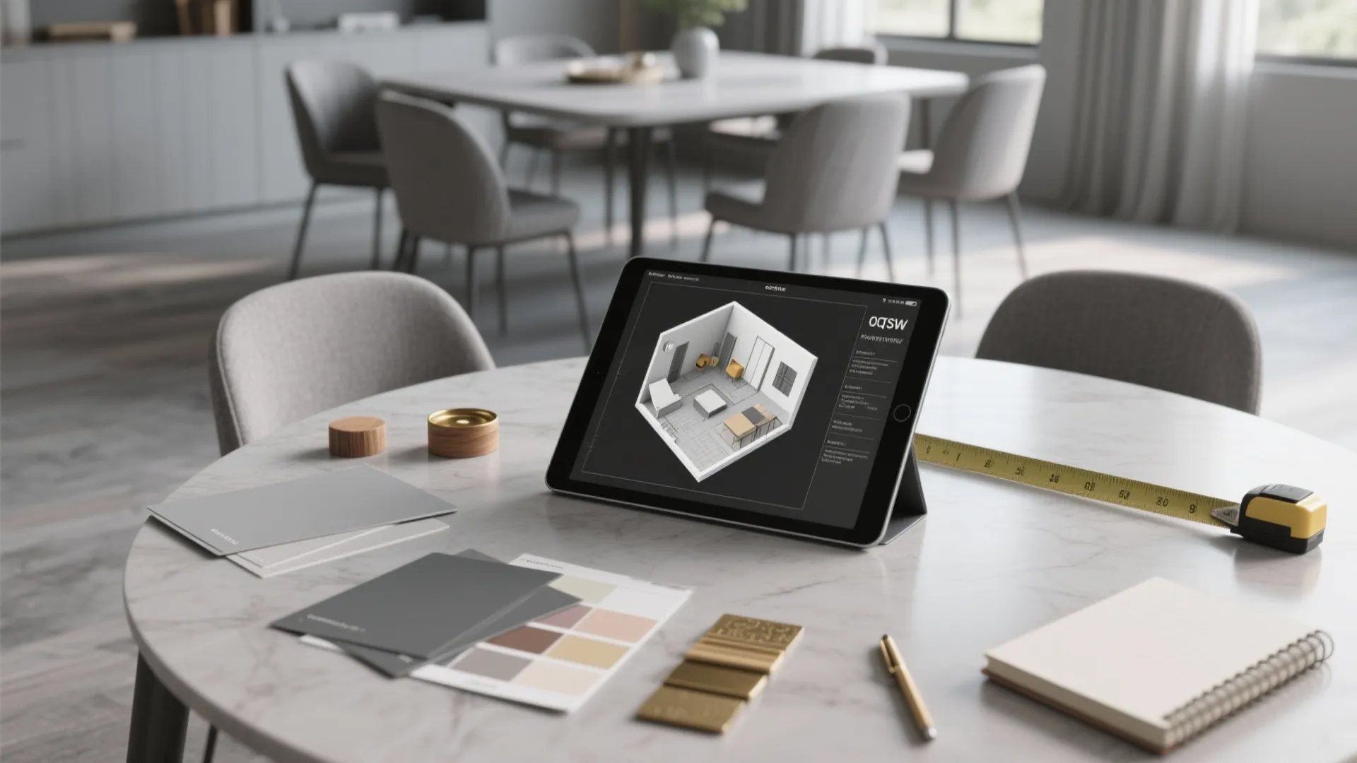 Top-down planning scene with 3D floor plan on tablet, gray paint swatches, and material samples for dining design decisions.