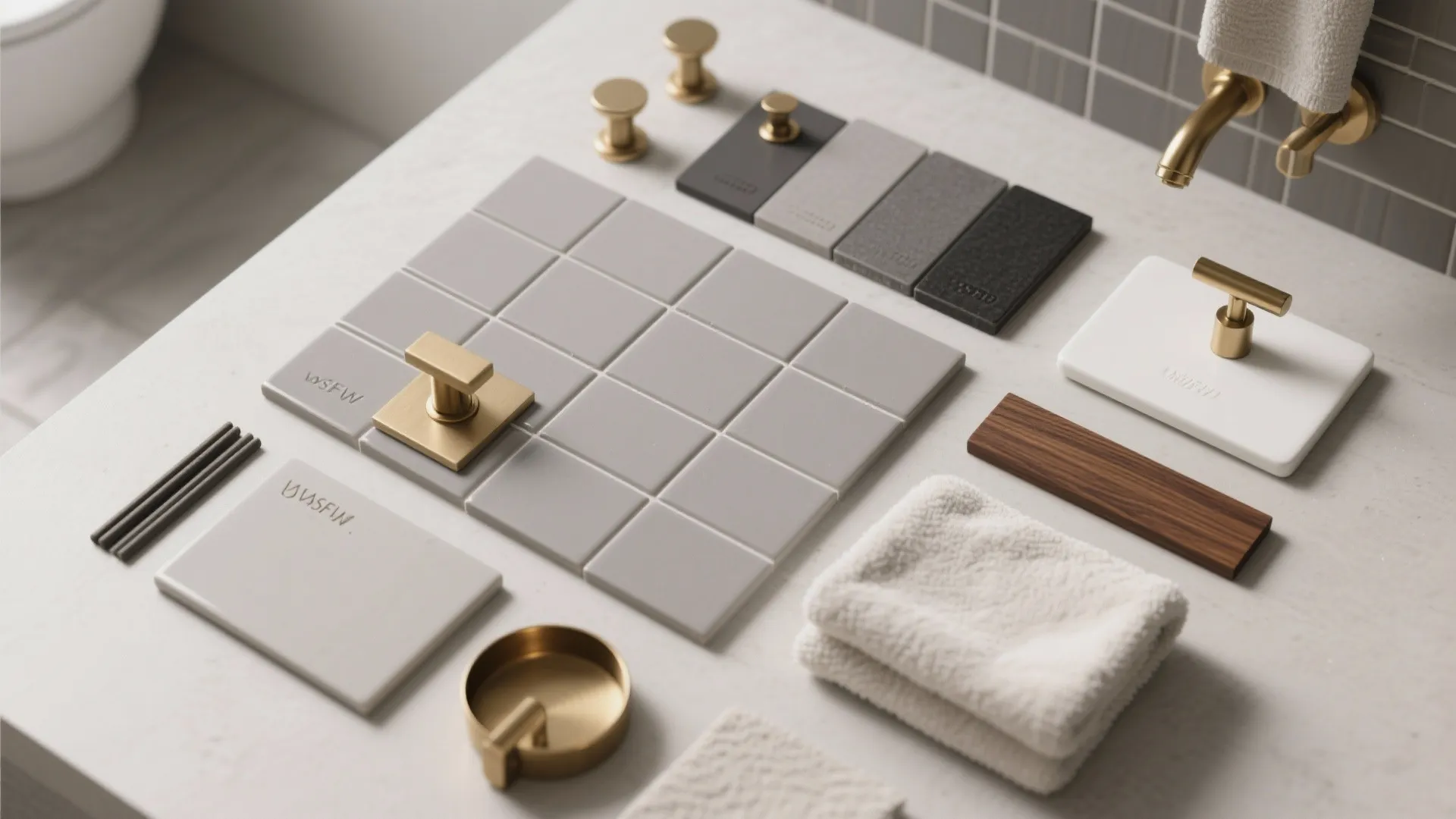 Mood board showing gray wall tiles gold handles wood samples and white towels for bathroom design