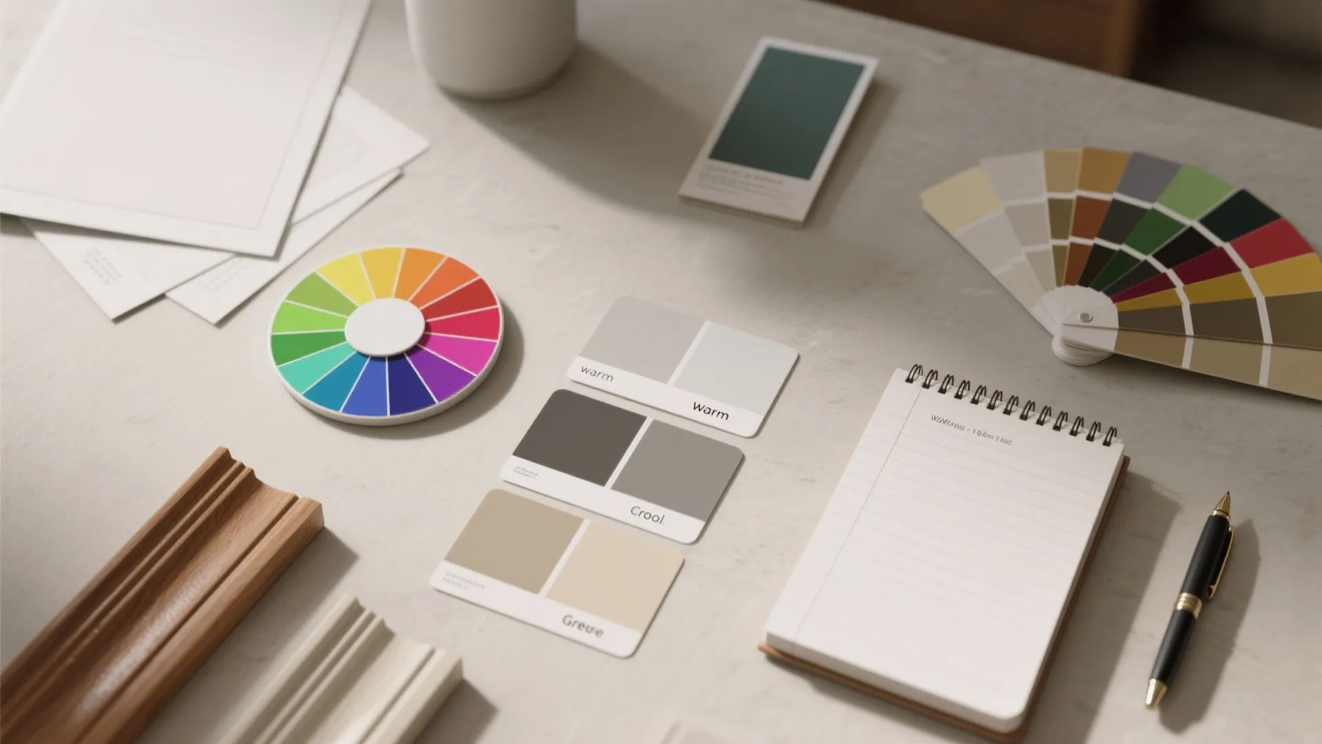 Desk with color wheel paint swatches notebook pen and wooden wall panel samples for design