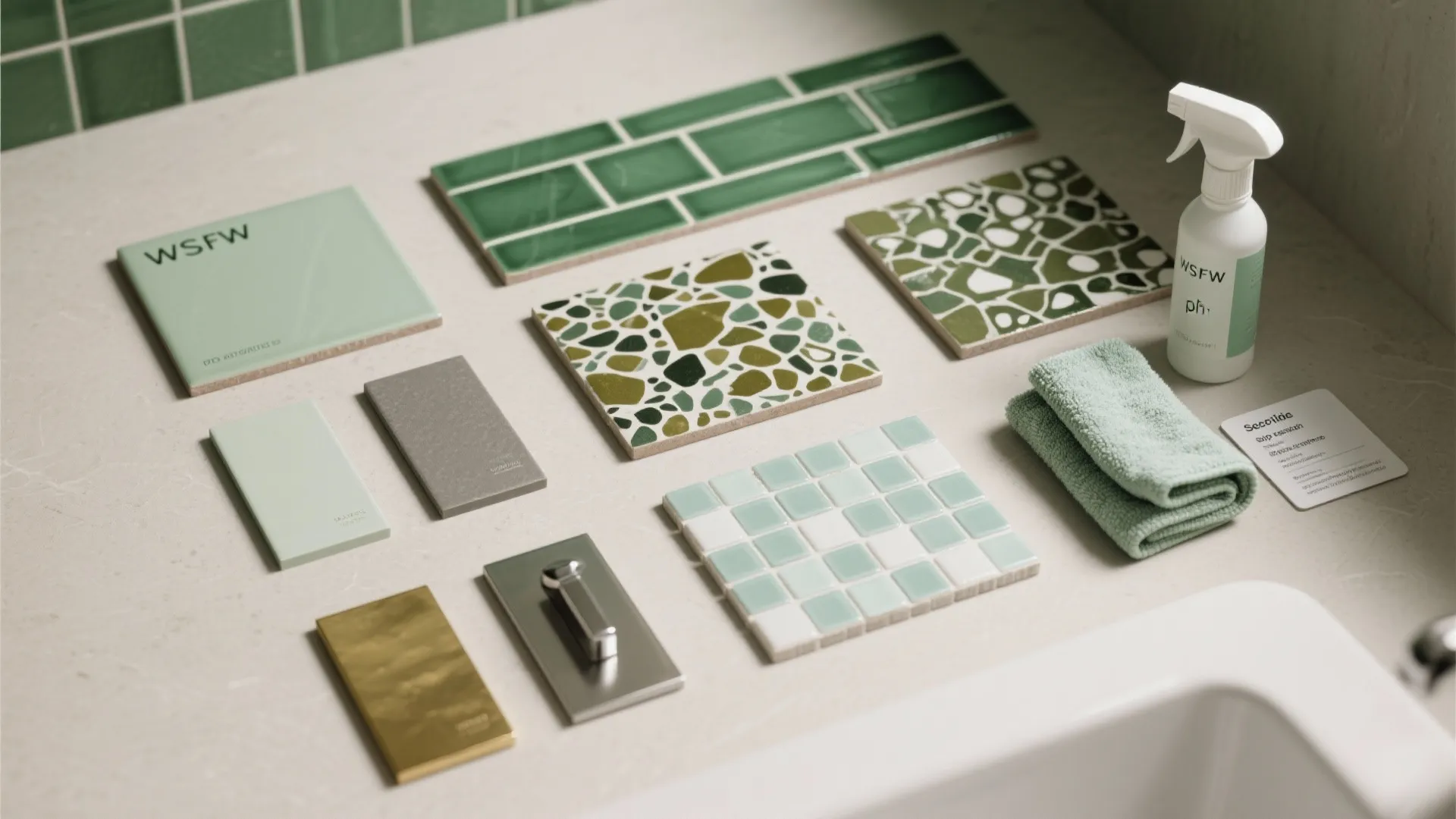 Flat lay of green tile samples, grout swatches, metal finishes, and cleaning tools to guide small bathroom choices.