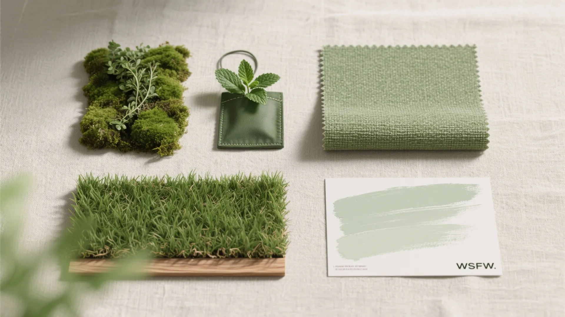 Collection of green interior design materials including fabric moss grass and light green paint swatches