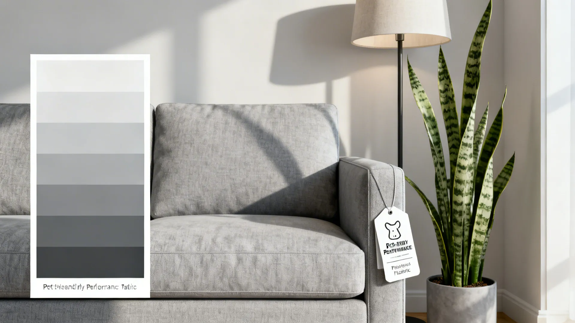 Grey sofa, fabric swatches, snake plant and pet-friendly fabric tag representing FAQ topics