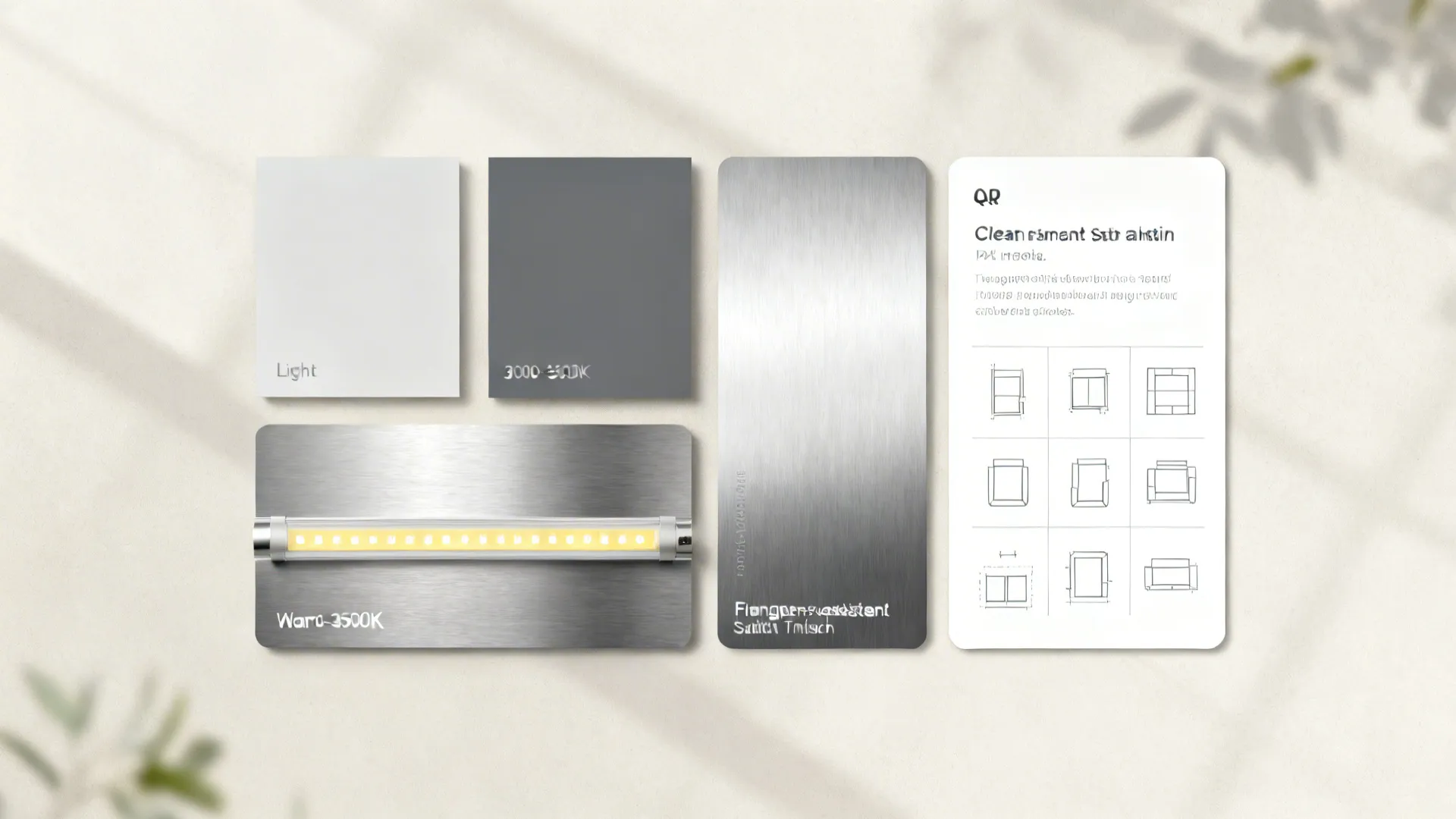 Top-down flatlay with grey swatches, stainless, warm LED strip, and layout icons for kitchen tips.