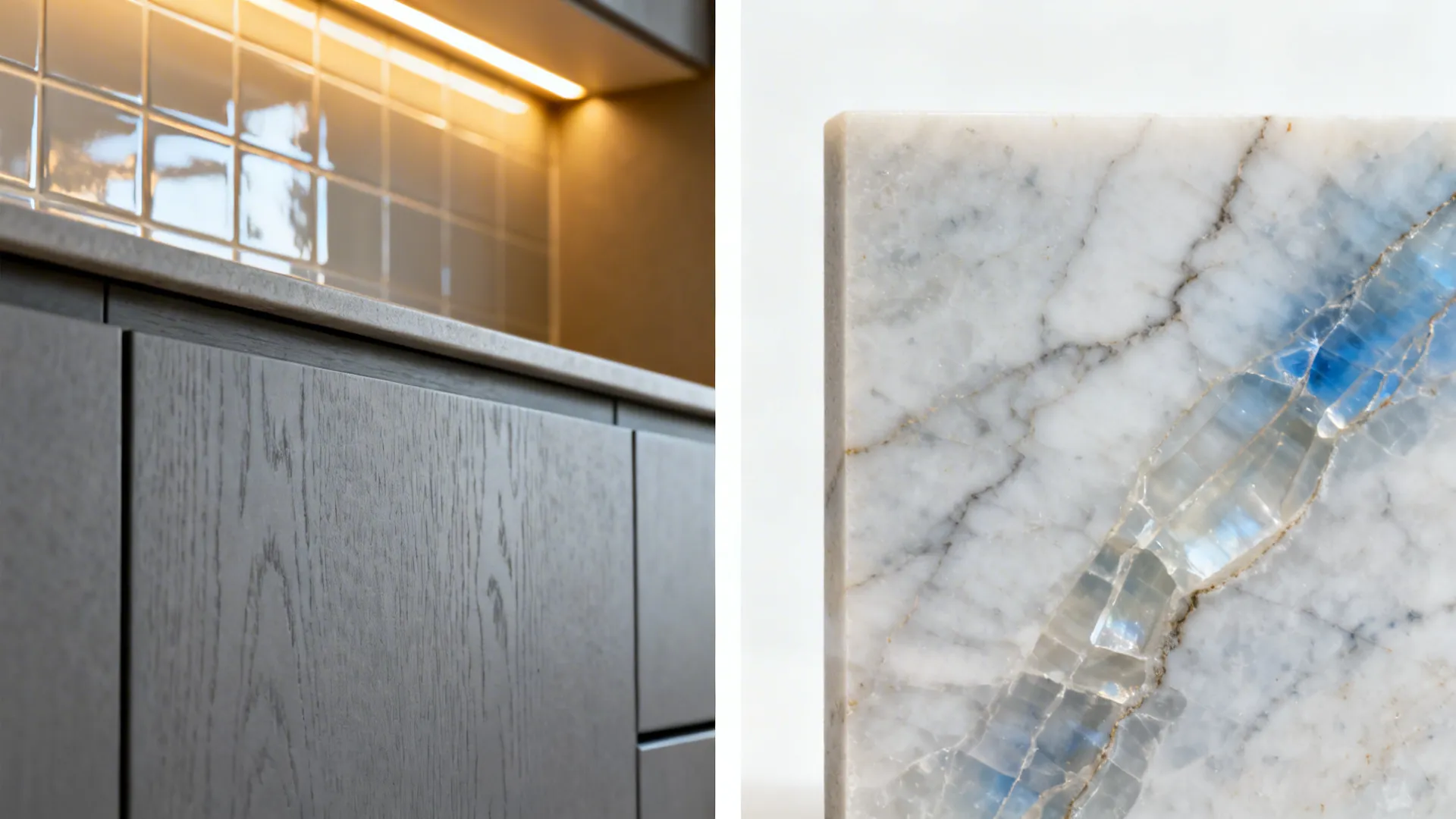 Grey wood cabinets and white marble stone with blue vein showing close up interior design details