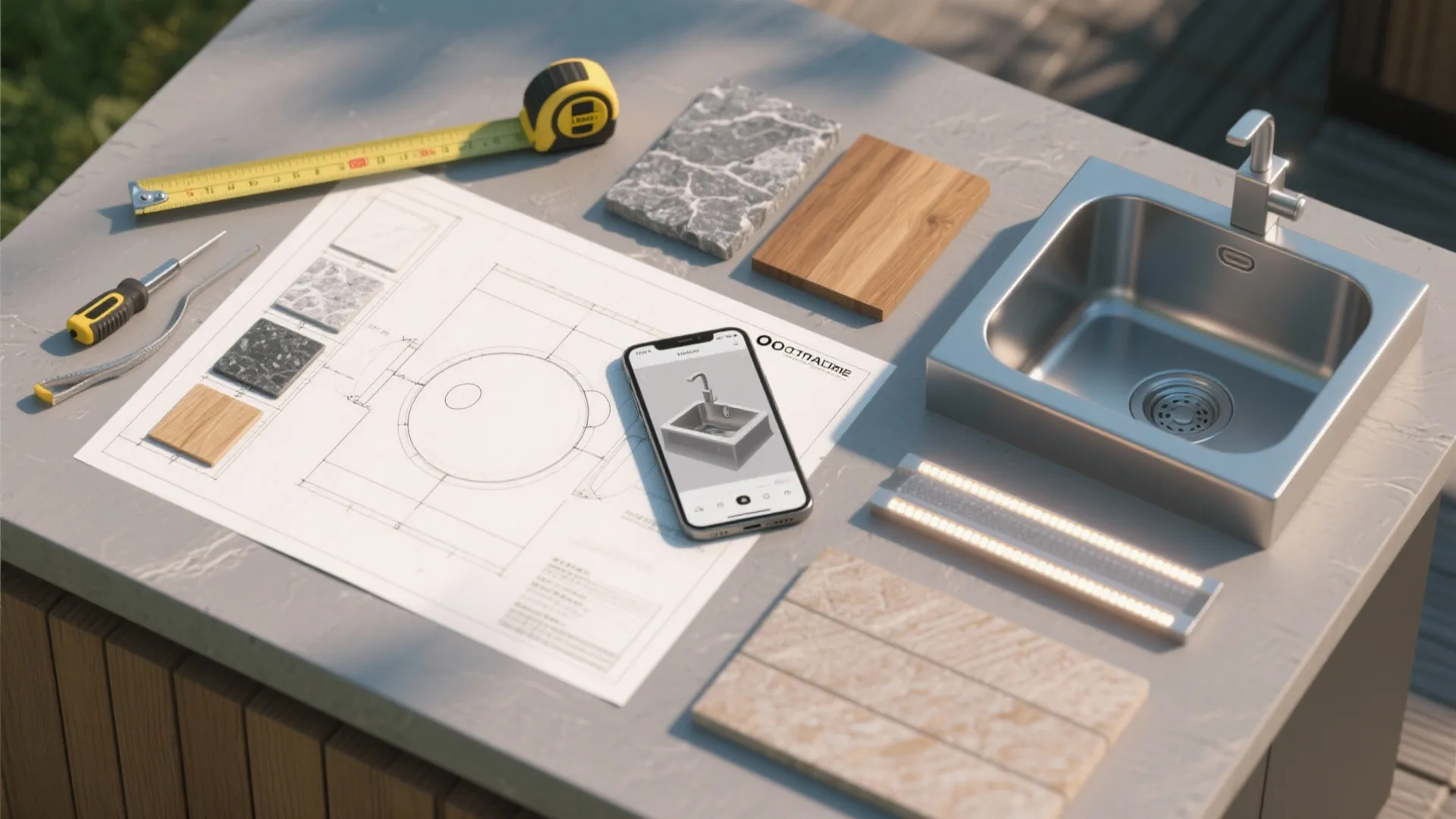 Outdoor kitchen planning materials including a sink blueprints measuring tape and wood and stone samples