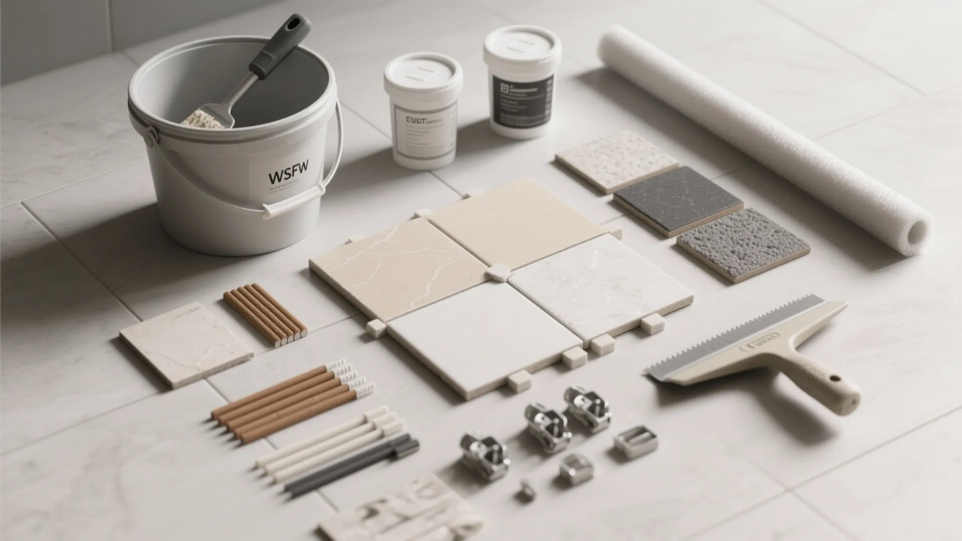 Tile installation tools and supplies including white bucket, tiles, and adhesive containers on floor surface