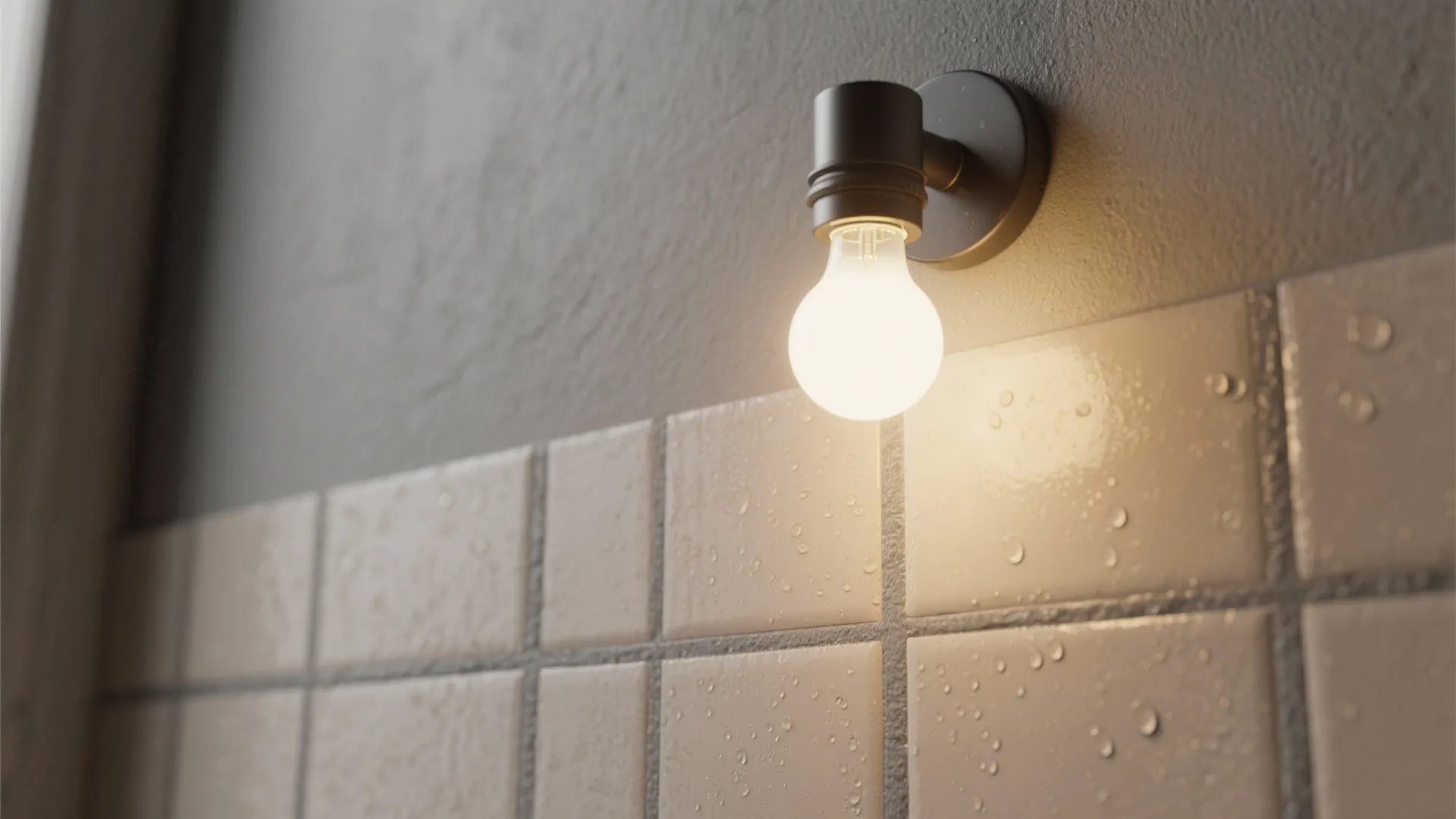 Close-up of mid-grey grout and warm lighting on beige tiles illustrating lighting and maintenance tips
