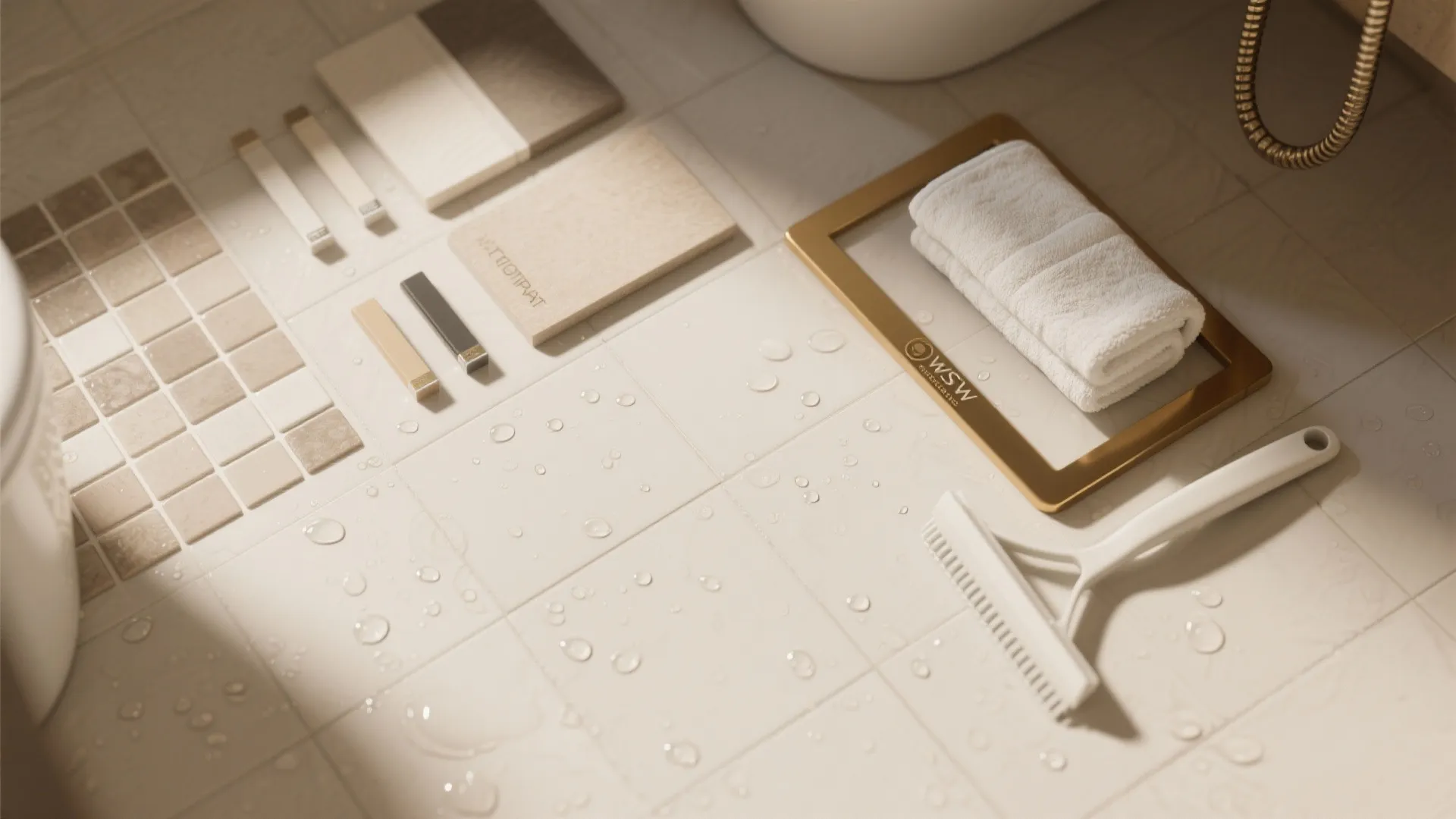 White floor tiles with water drops a cleaning tool a white towel and material samples