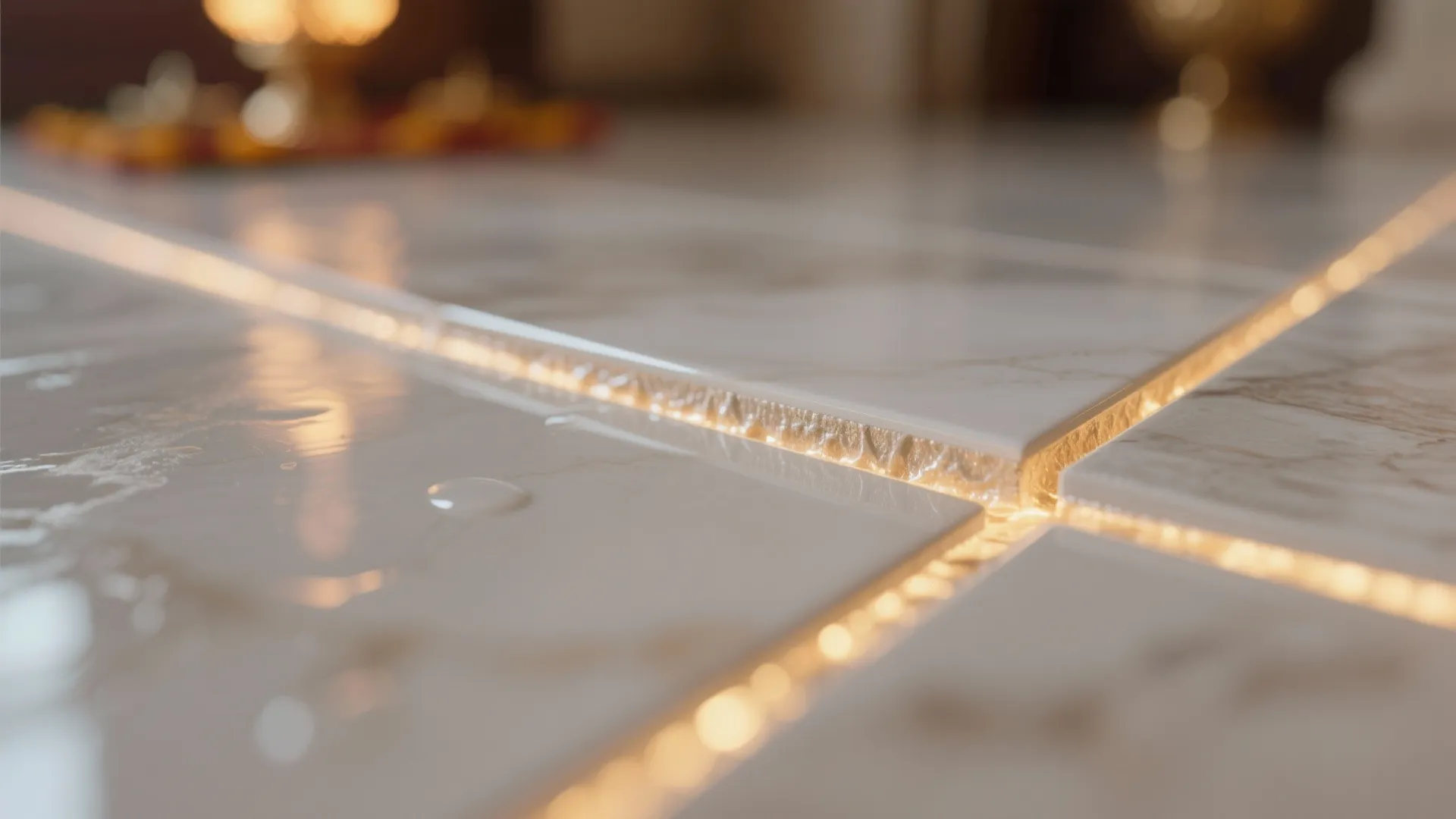 Macro of sealed grout between porcelain tiles under warm LED light for easy maintenance.