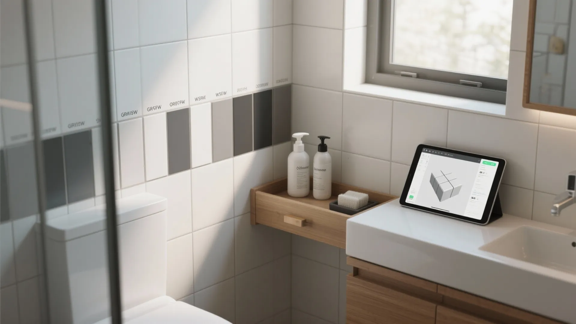 Grout shade samples and a tablet showing tile and grout combinations in a small bathroom setting