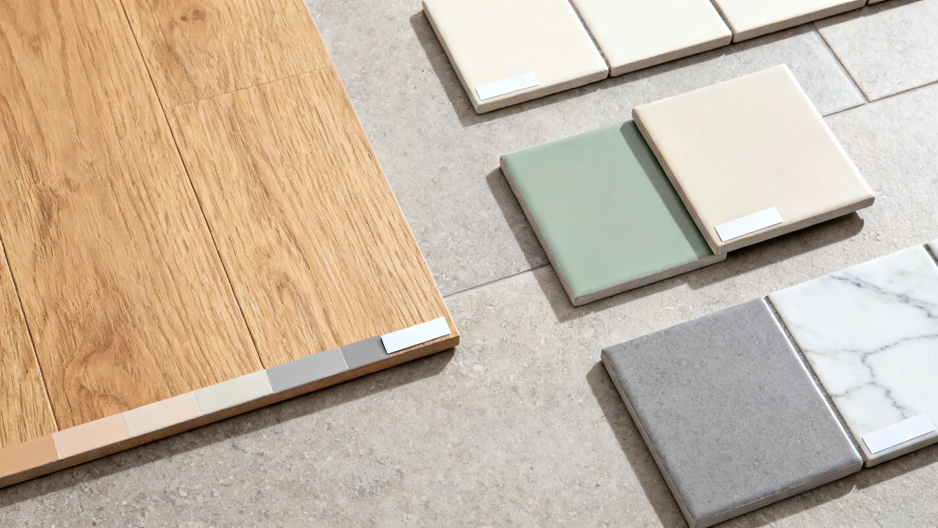 Top-down view of grout and tile samples arranged with oak for comparison.