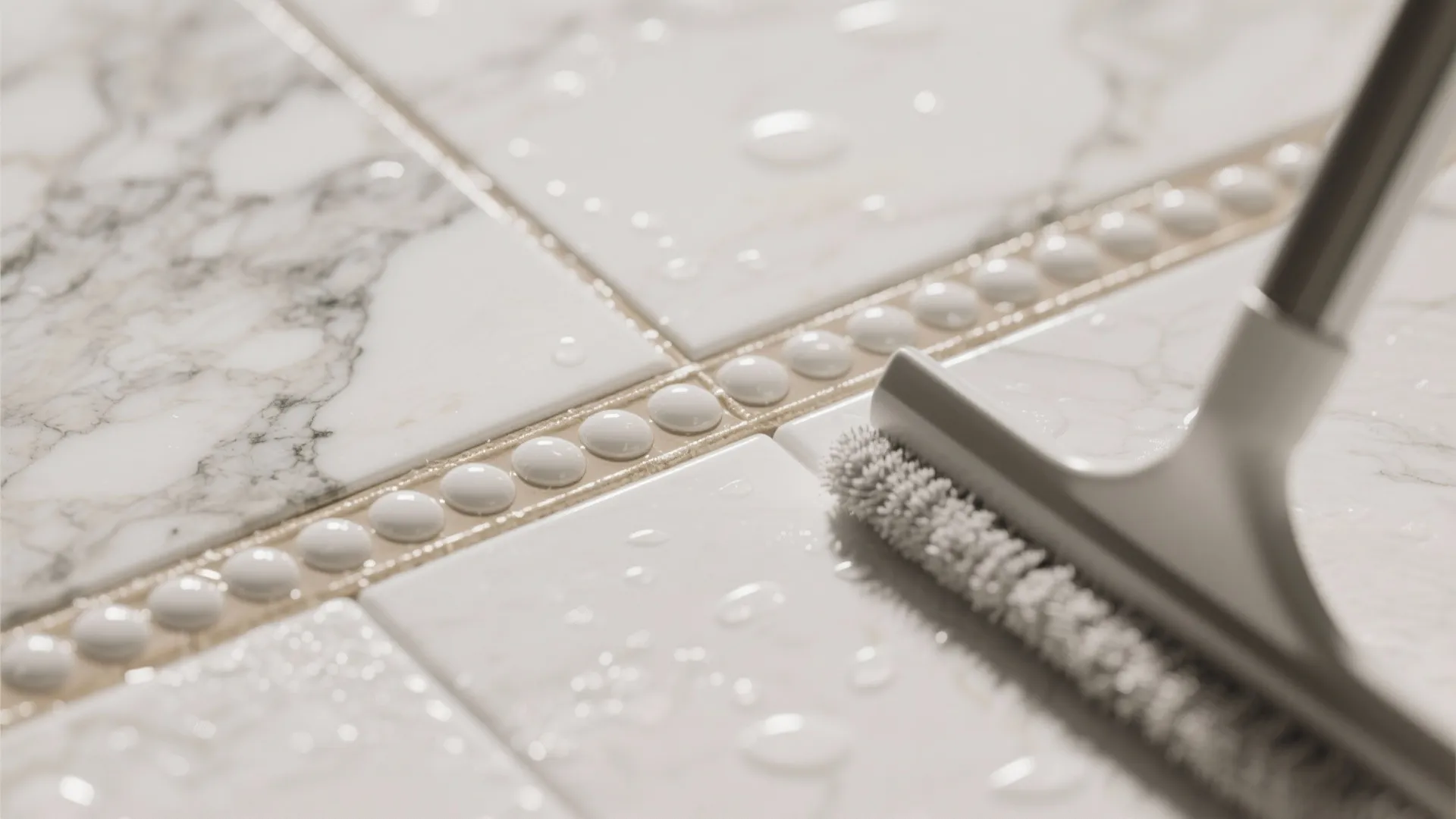 Close up view of cleaning marble floor tiles using a white brush with small water droplets