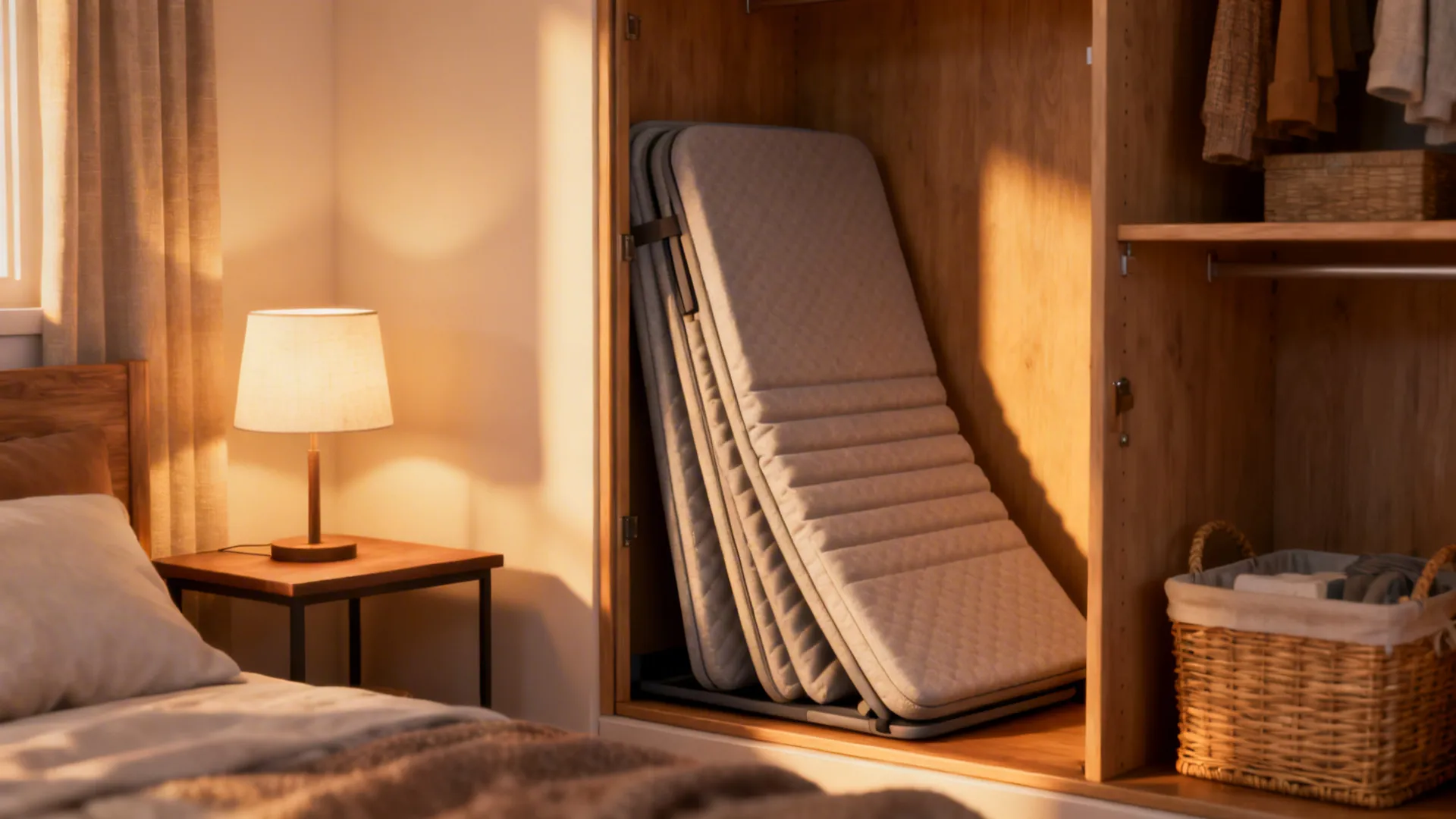 Guest-ready corner with stashed tri-fold mattress, bedside lamp and storage baskets in a small apartment.
