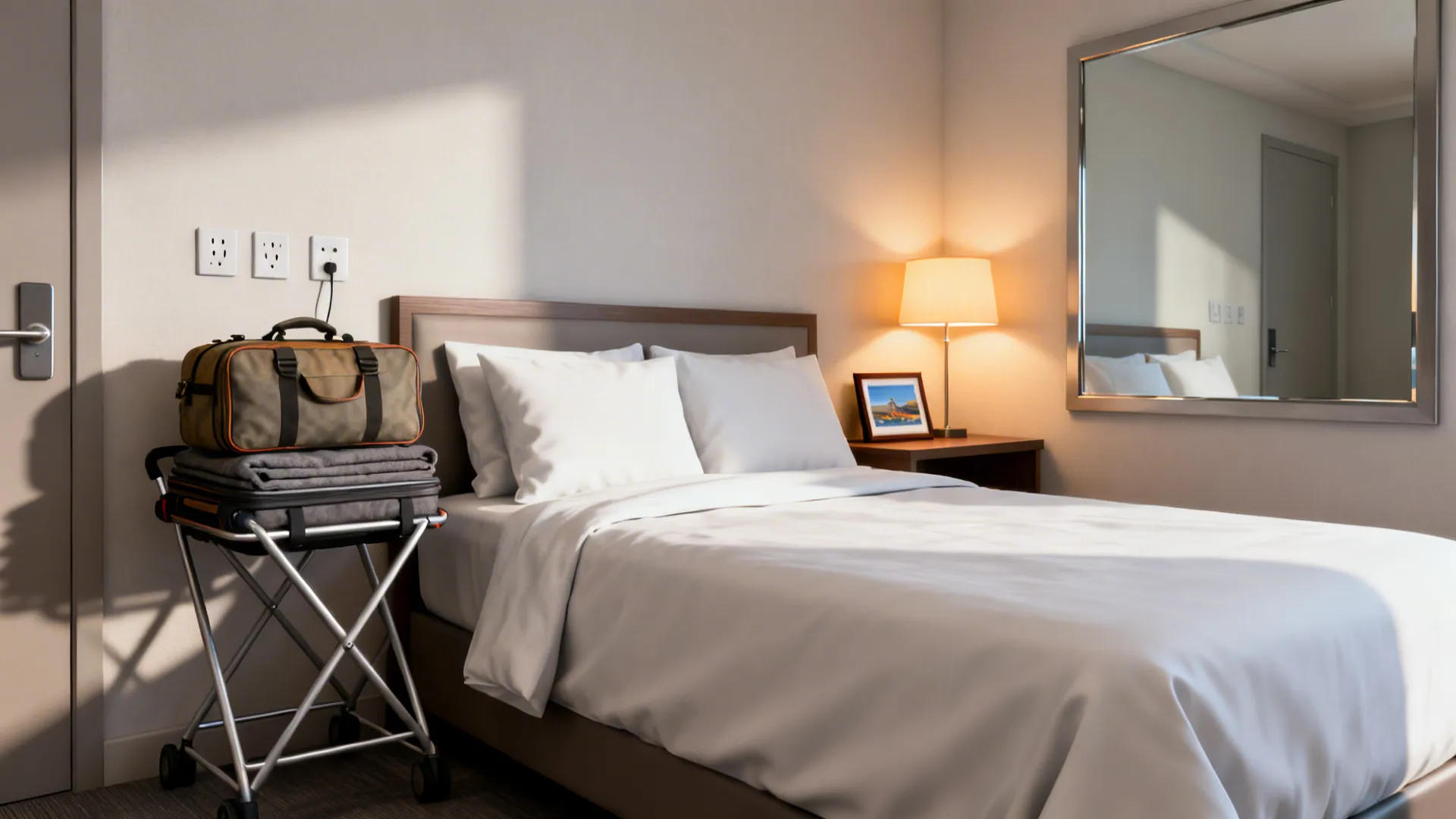 Staged small guest room with twin XL bed, luggage rack, accessible outlet and reading lamp