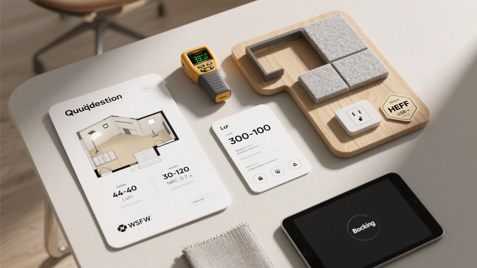 Tabletop display featuring interior design drawing tablet measuring tool power outlet and various material sample boards