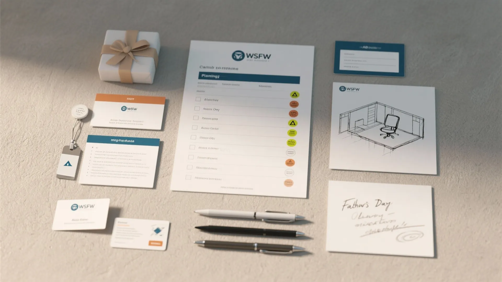 Top-down flatlay of a planning checklist, allergy labels, name tags and a layout sketch for an office event.